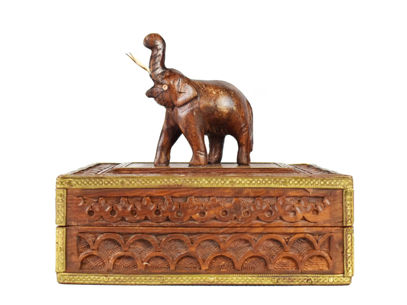 Vintage Hand Carved Elephant Wooden Jewelry Trinket Box With Brass Trim - 11