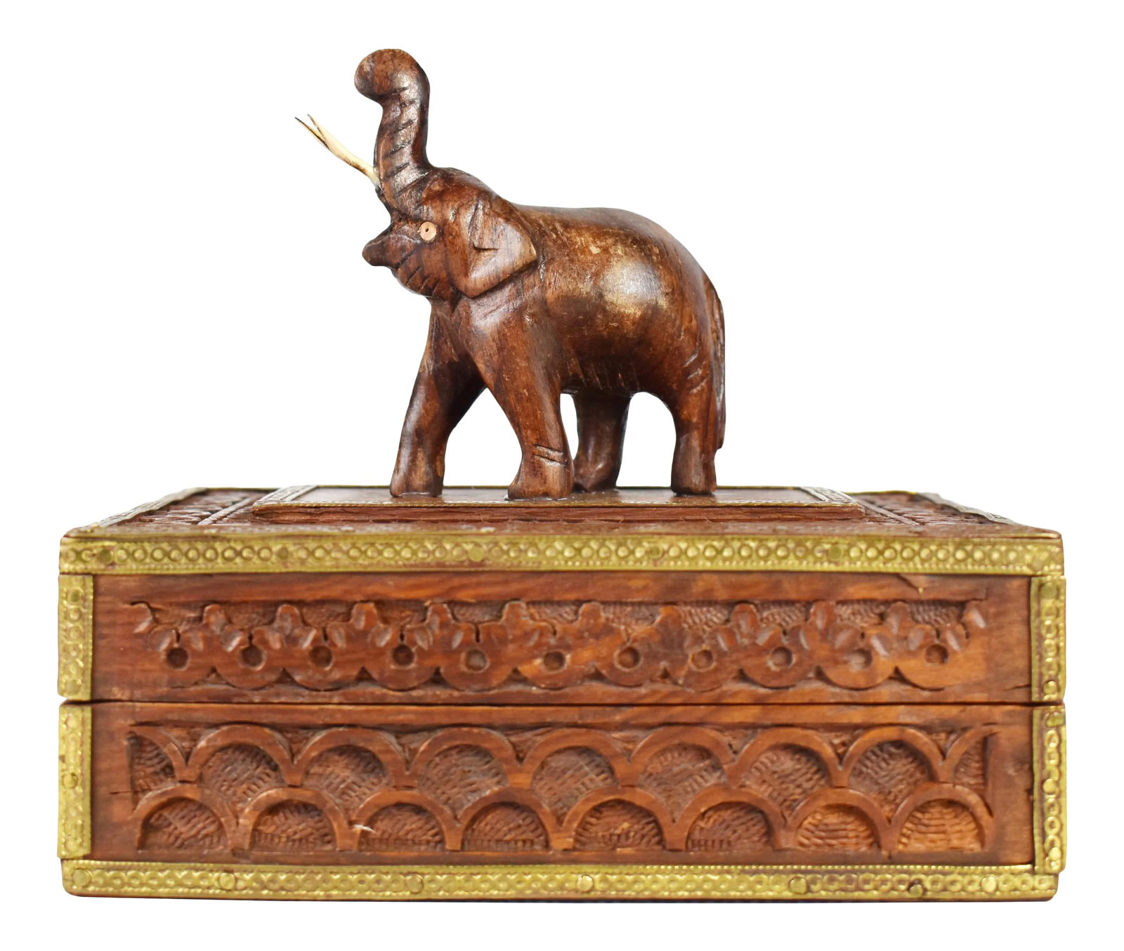 Vintage Hand Carved Elephant Wooden Jewelry Trinket Box With Brass Trim: Item Details: -Handmade wooden box that embellished with brass all around, beautiful details and color. It will enhance your home decor with its style. -Handmade and Hand Carved -Made of Brass and Woo