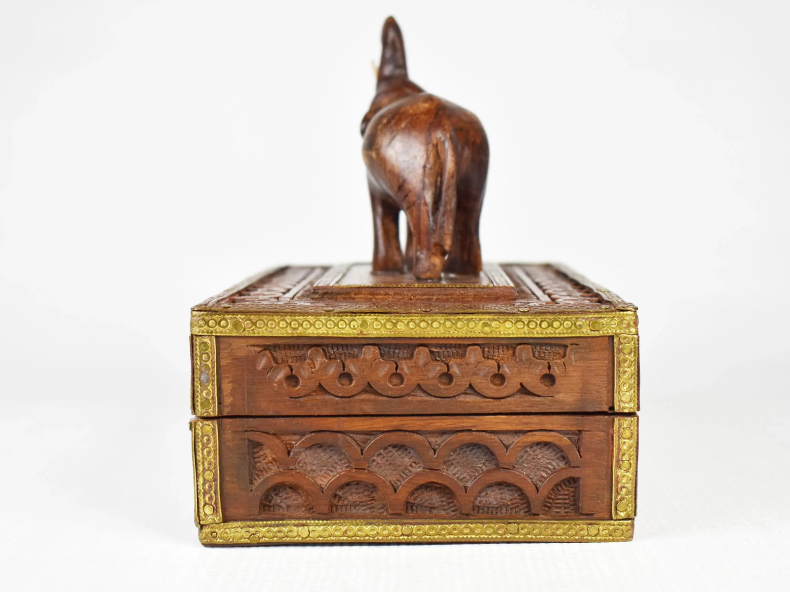Vintage Hand Carved Elephant Wooden Jewelry Trinket Box With Brass Trim - 2