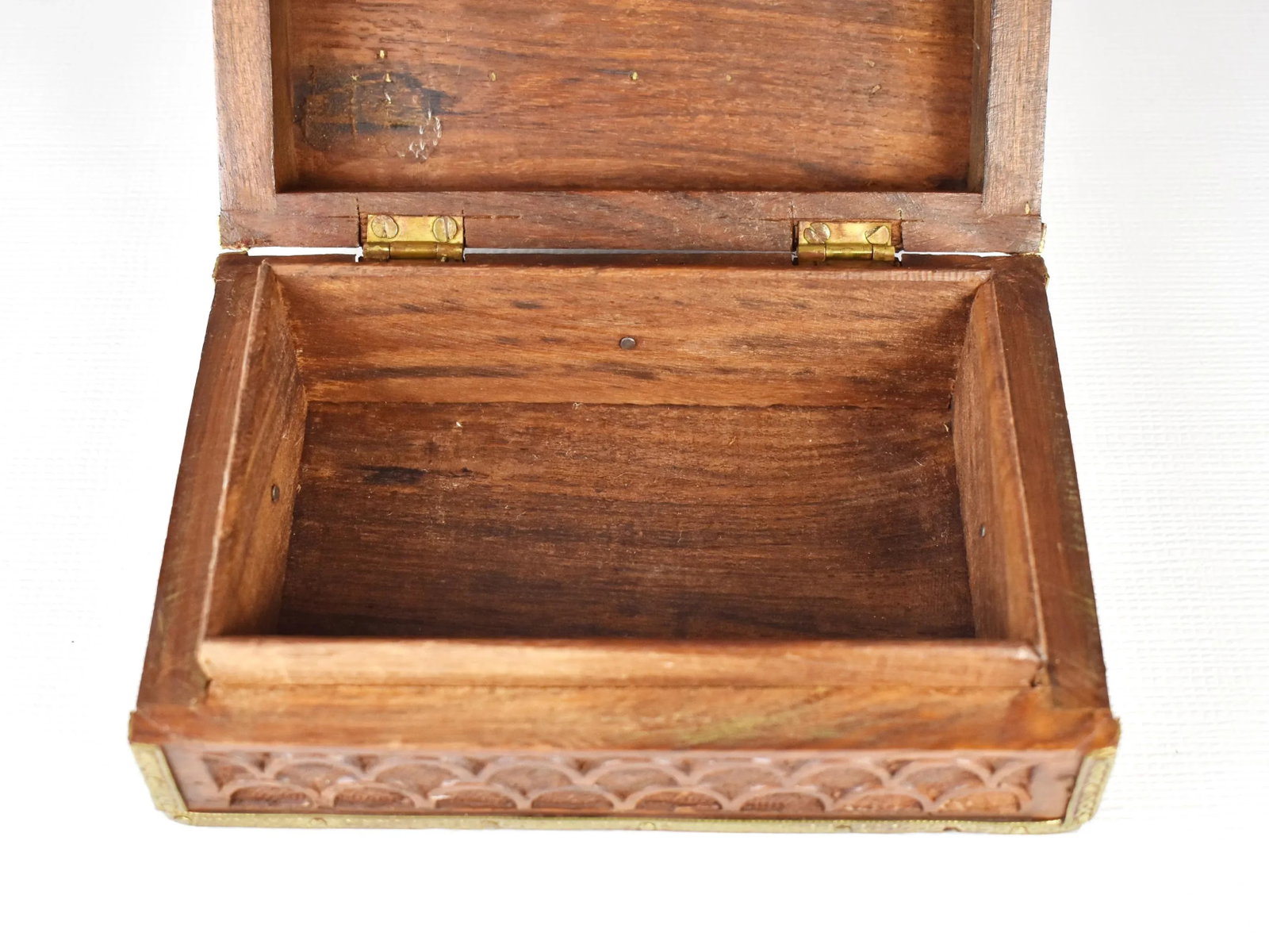 Vintage Hand Carved Elephant Wooden Jewelry Trinket Box With Brass Trim - 6