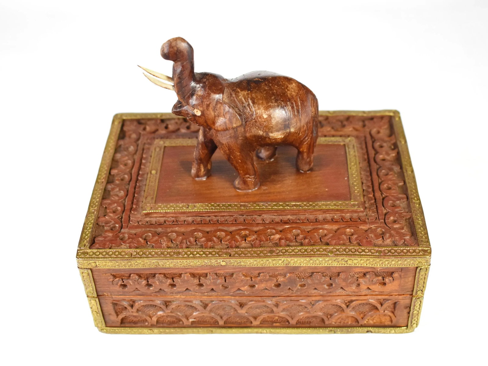 Vintage Hand Carved Elephant Wooden Jewelry Trinket Box With Brass Trim - 8