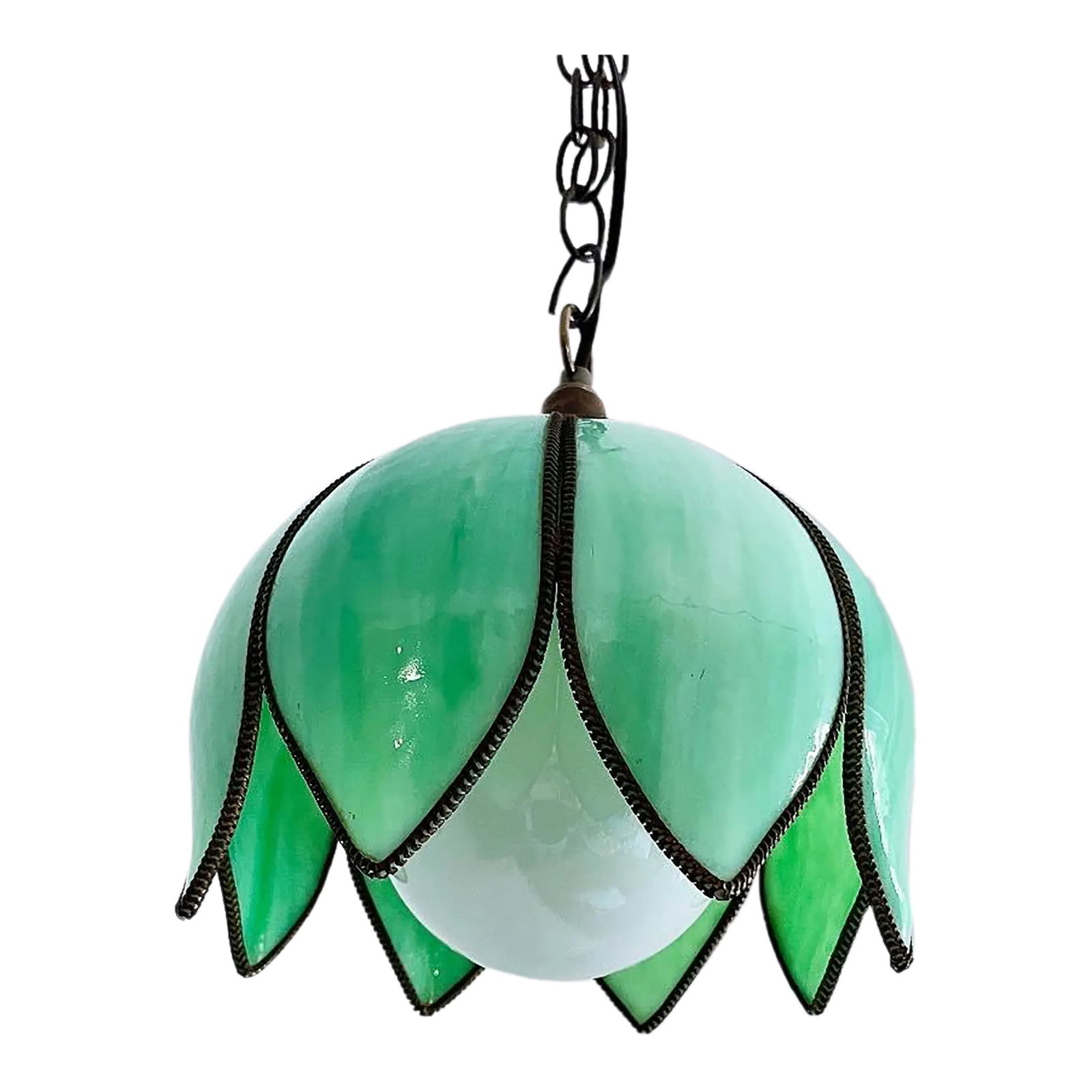 Mint Green Lotus Light, C1960: Pretty petite Tiffany style lotus flower pendant light of minty green opaque, pressed slag glass with white swirls and subtle color-drenched details throughout the eight lobes set into a bronze metal