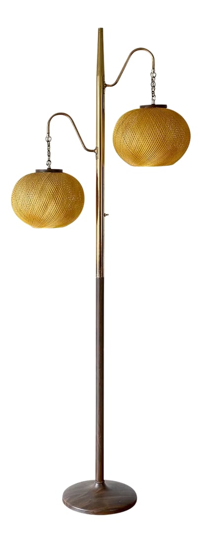 1950s Mid-Century Modern Spun Gold Fiberglass Floor Lamp: Super cool mid-century modern floor lamp with two orb-shaped shades made of spun fiberglass threads. Inside each shade there's also a cylinder-shaped plastic diffuser. When lit this lamp illuminates b