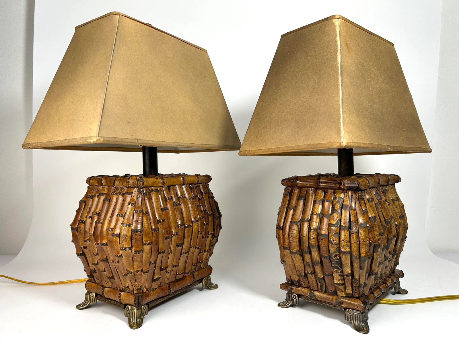 1980s Chinoiserie Asian Safari Style Rectangle Bamboo Table Lamps - a Pair - 2