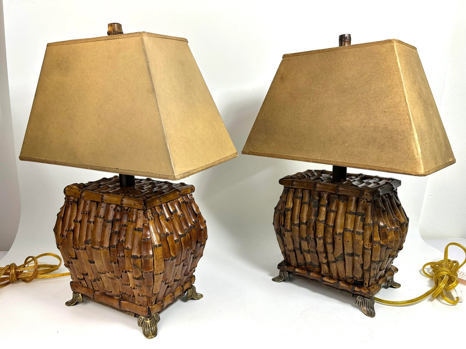 1980s Chinoiserie Asian Safari Style Rectangle Bamboo Table Lamps - a Pair - 3