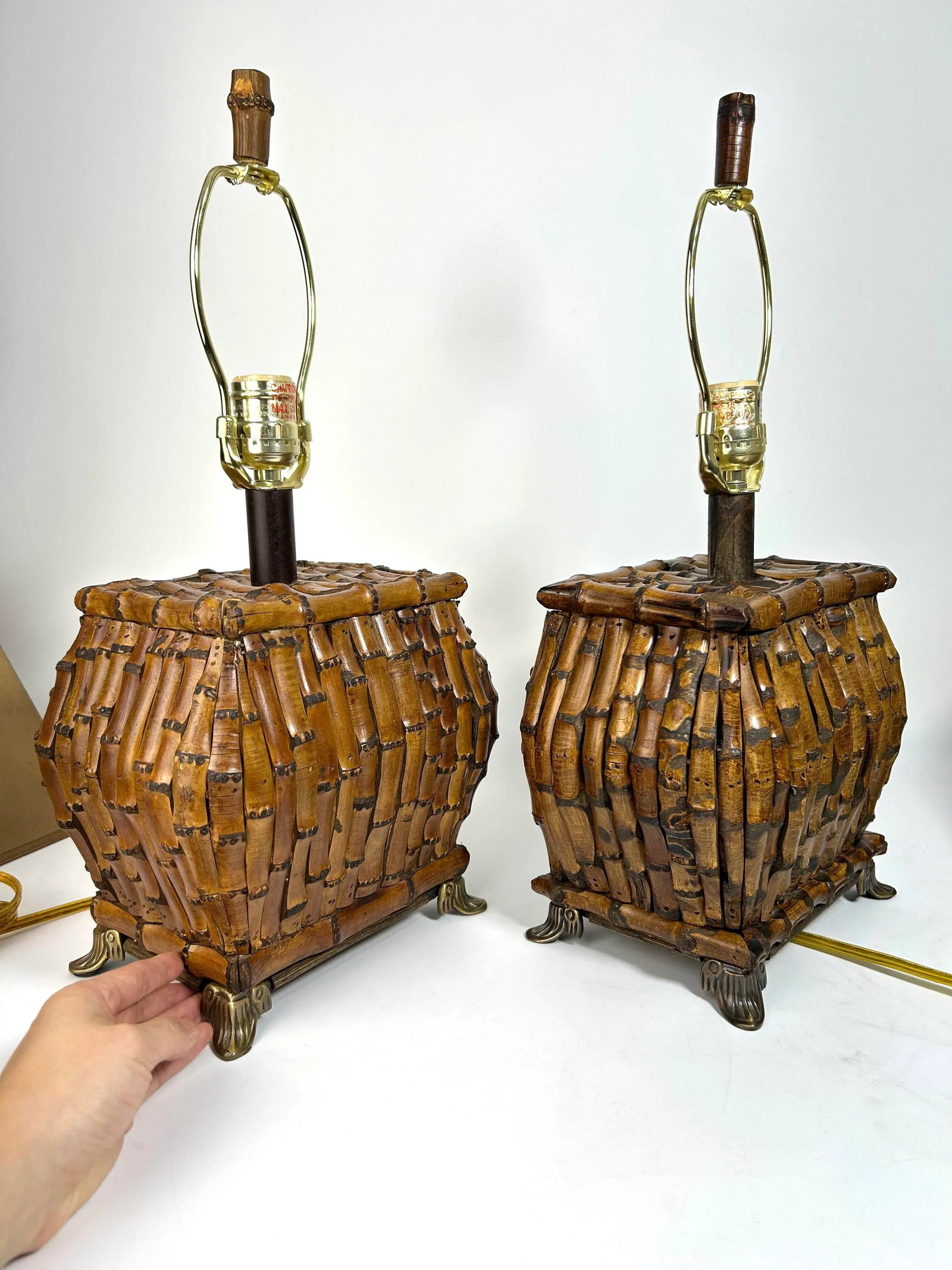 1980s Chinoiserie Asian Safari Style Rectangle Bamboo Table Lamps - a Pair - 6