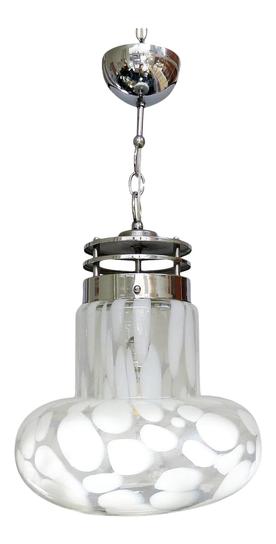 1970s Mid-Century Murano Glass Pendant Light: Mid-century pendant light with a mouth-blown Murano glass shade in a cloudy pattern in a combination of clear and white and Modernist chrome fitter. Rewired for US single medium base bulb, nickel chai