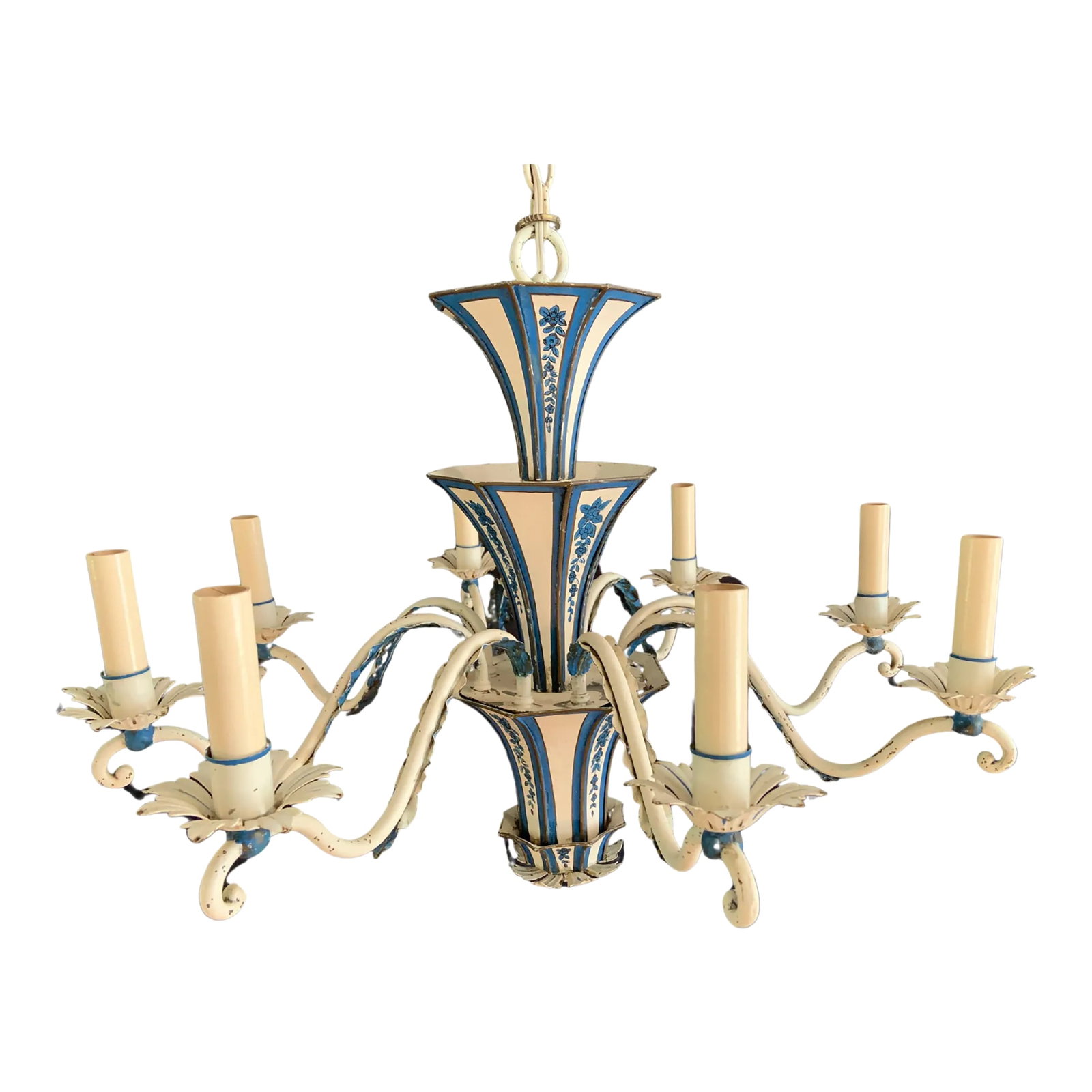 Vintage French Tole Painted Blue/White Chandelier With Candle Lights: Beautiful blue/white vintage French tole painted metal chandelier Hardwired with 8 candle-sized sockets. Dimensions are 25" wide, 20" high Condition: Alterations: Original Condition Unaltered Imperfec