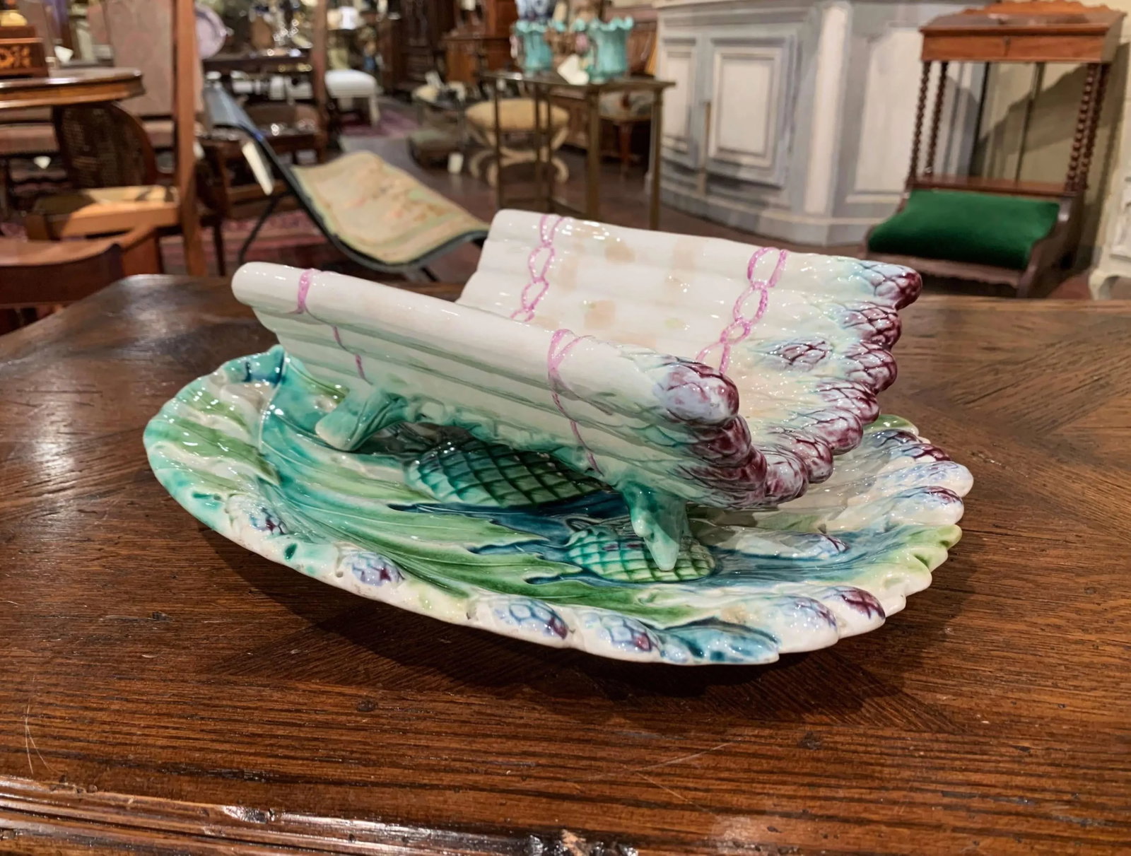 20th Century French Painted Barbotine Two-Piece Asparagus Dish From Luneville - 11