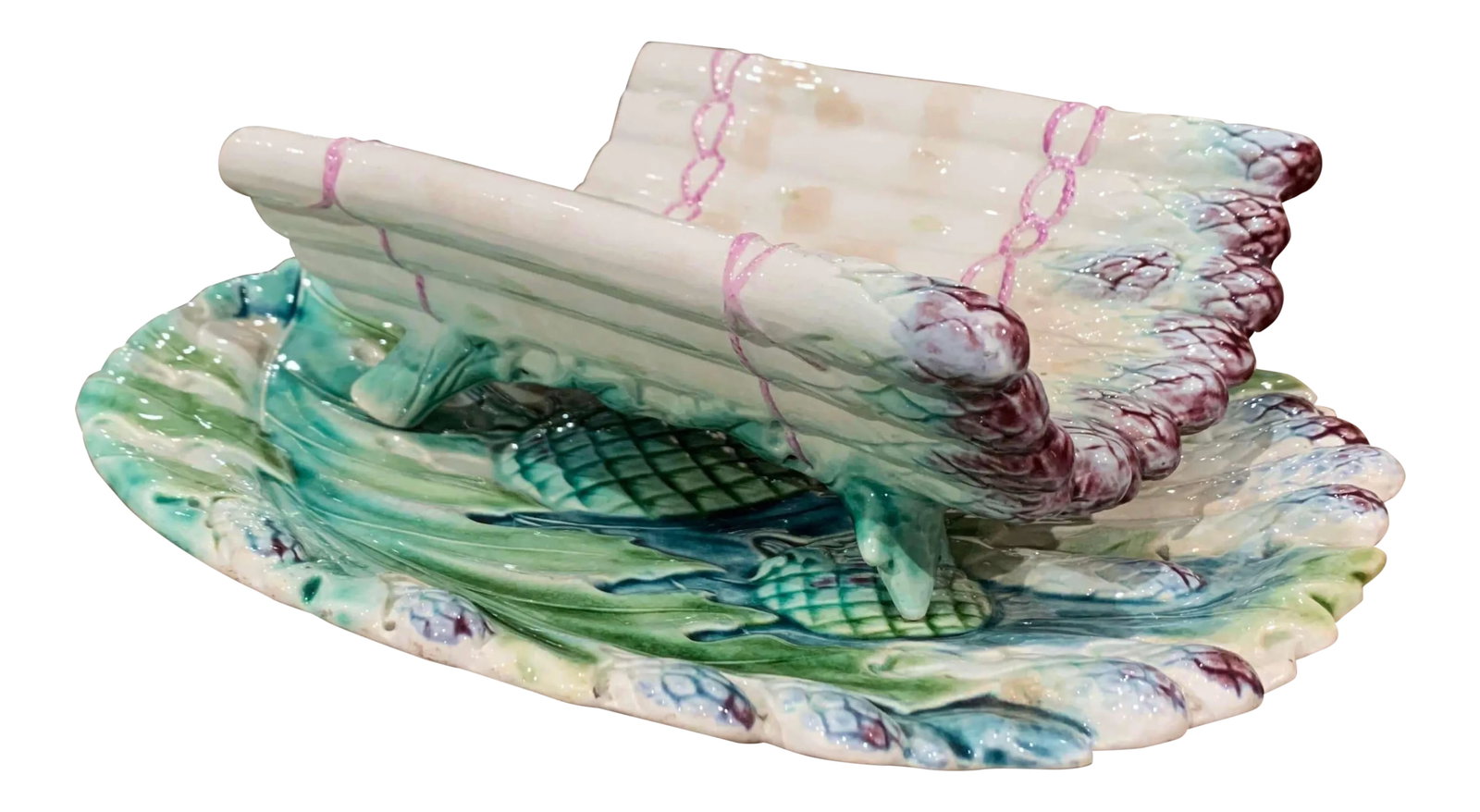 20th Century French Painted Barbotine Two-Piece Asparagus Dish From Luneville (1 of 11)