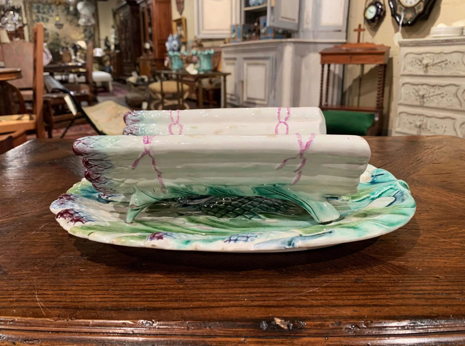 20th Century French Painted Barbotine Two-Piece Asparagus Dish From Luneville - 5