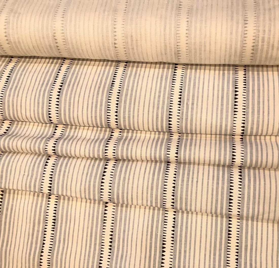 Schumacher: Moncorvo Fabric in Le Mirage Sky Blue and Charcoal, 4.5 Yards: This classic fabric is 100% linen, with a hand-drawn look to its design. The sky blue and charcoal color way lends itself to a number of applications in a living room, bedroom, office or library.