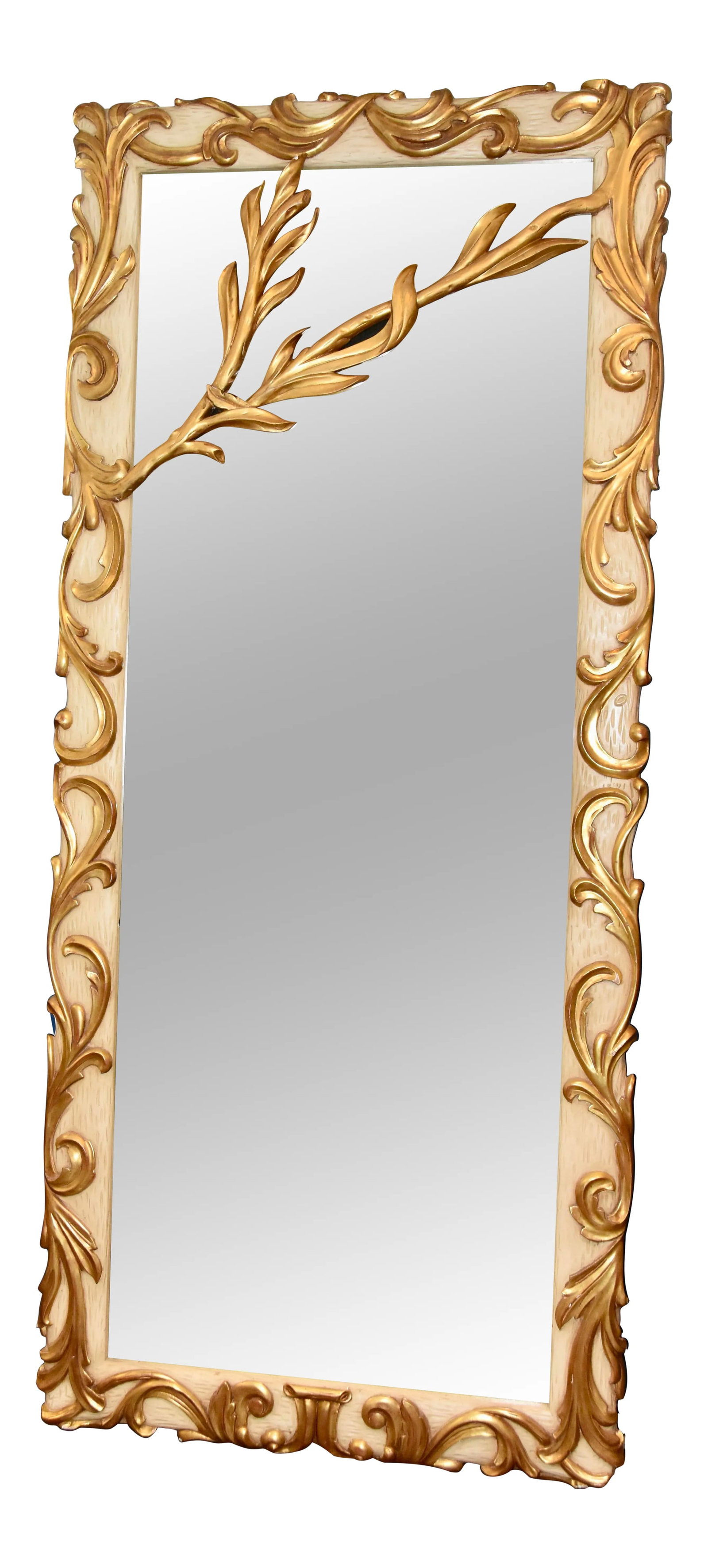 Louis XVI Rococo Style Wood Gold Gilt Floor Aged Mirror: Louis XVI Rococo Style Wood Gold Gilt Floor Aged Mirror Large Labarge mirror in the style of Rococo. Large mirror with a gilded frame and foliate detail on all four corners. Scales beautifully crafted