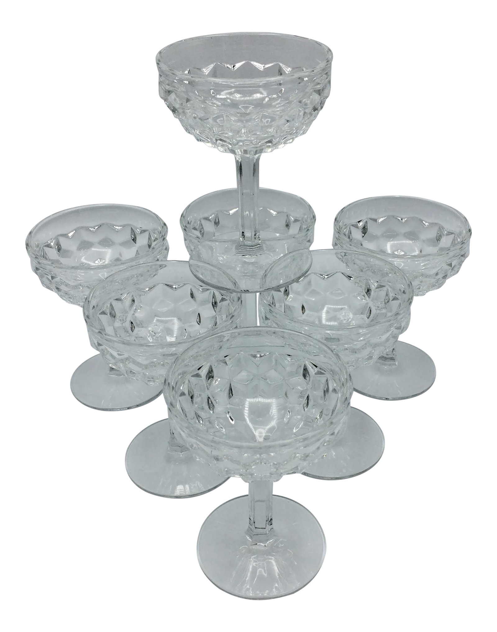 Fostoria American Clear Champagne or Tall Sherbet Pressed Glasses - Set of 7: Beautiful set of 7 Champagne or tall sherbet pressed glass glasses. Made by Fostoria in the USA. Pattern American. Condition: Alterations: Original Condition Unaltered Imperfections: Some