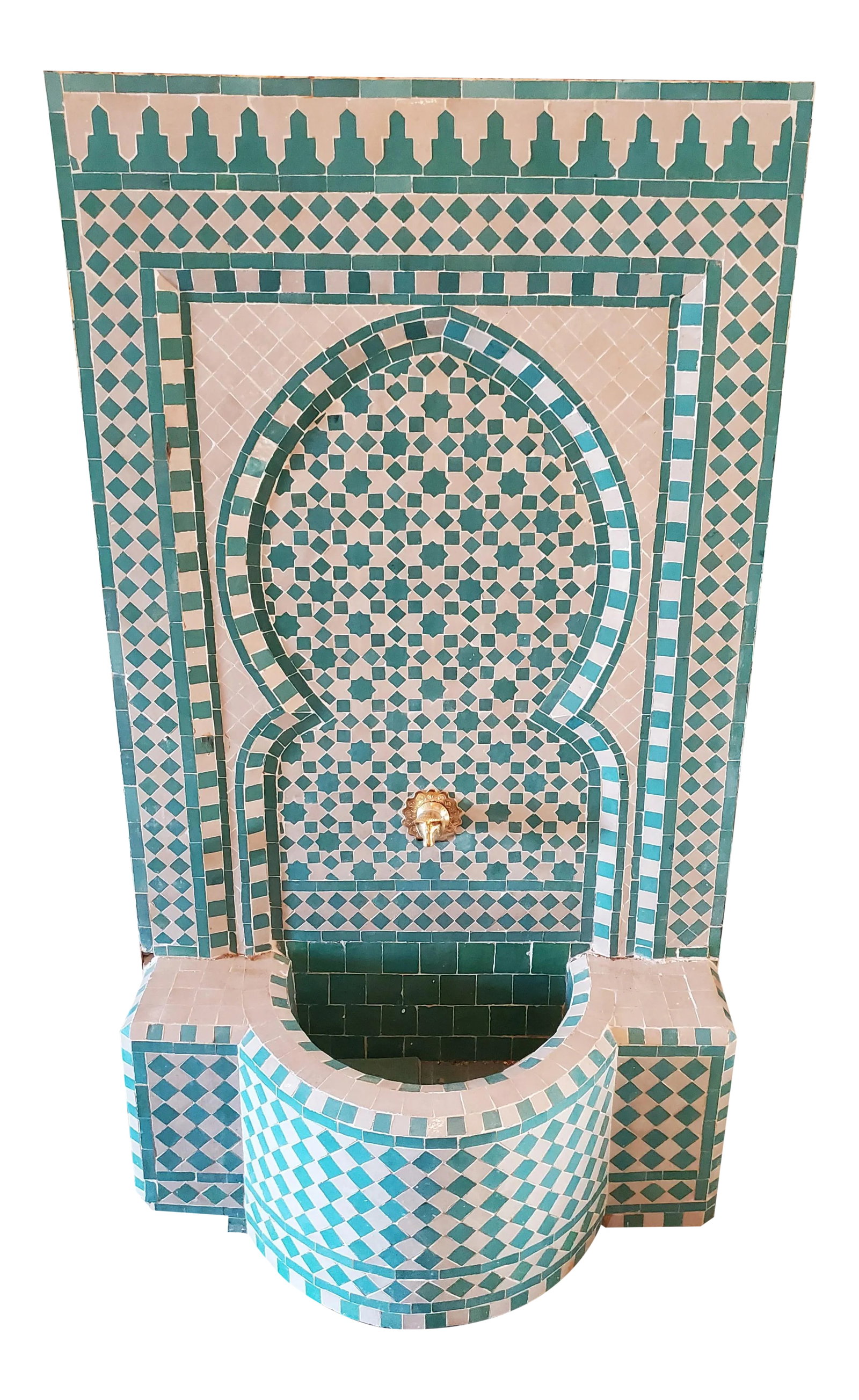 Aqua / White Moroccan Mosaic Fountain: Aqua and white mosaic fountain made in Morocco. This beautiful fountain measures approximately 55'' high and 30'' wide, and comes with a copper spout. Rectangular shape for an exquisite look. Add a