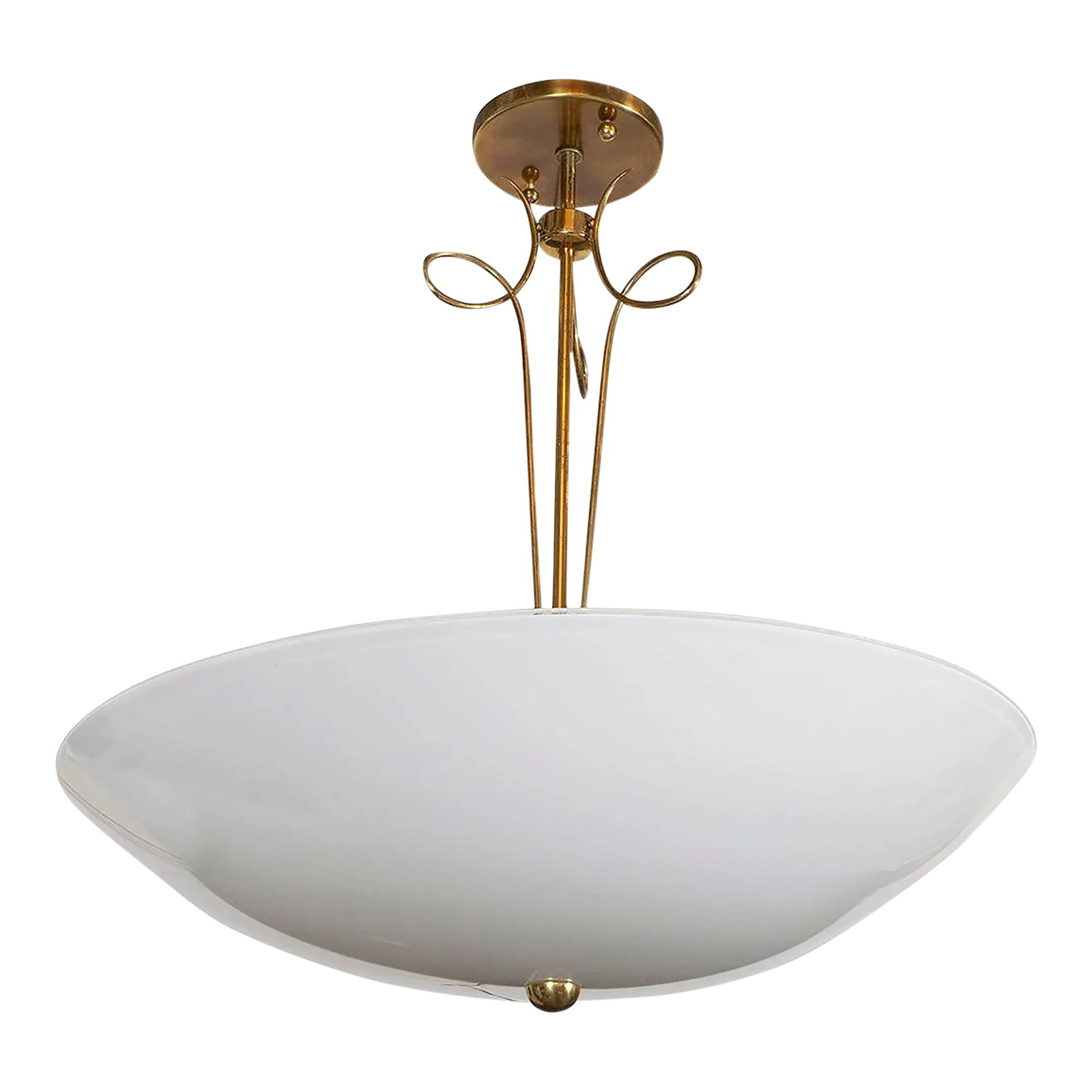 Lattimo Glass and Brass Pendant: Brass pendant with curvilinear details and white lattimo glass bowl shade. Condition: Alterations: Restored Imperfections: Some Imperfections Condition Notes: -This item is in good vintage condition.