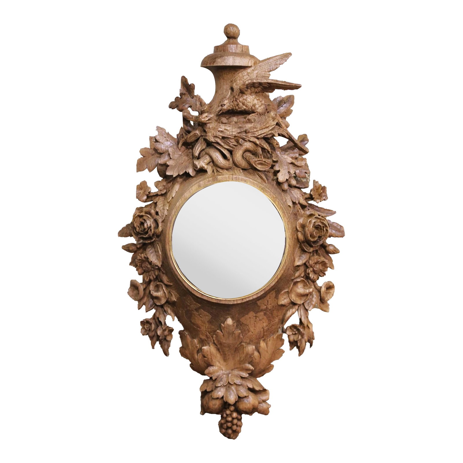 19th Century French Black Forest Carved Oak Mirror With Bronze Trim and Bird Motif (1 of 7)
