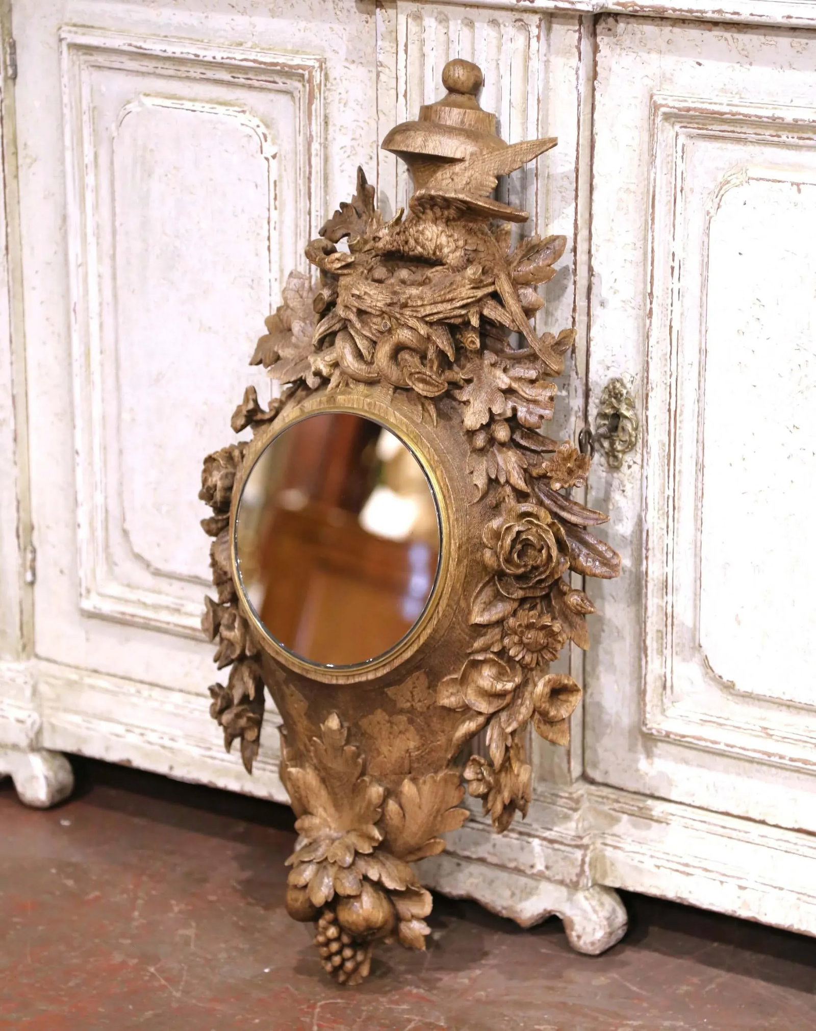 19th Century French Black Forest Carved Oak Mirror With Bronze Trim and Bird Motif - 2
