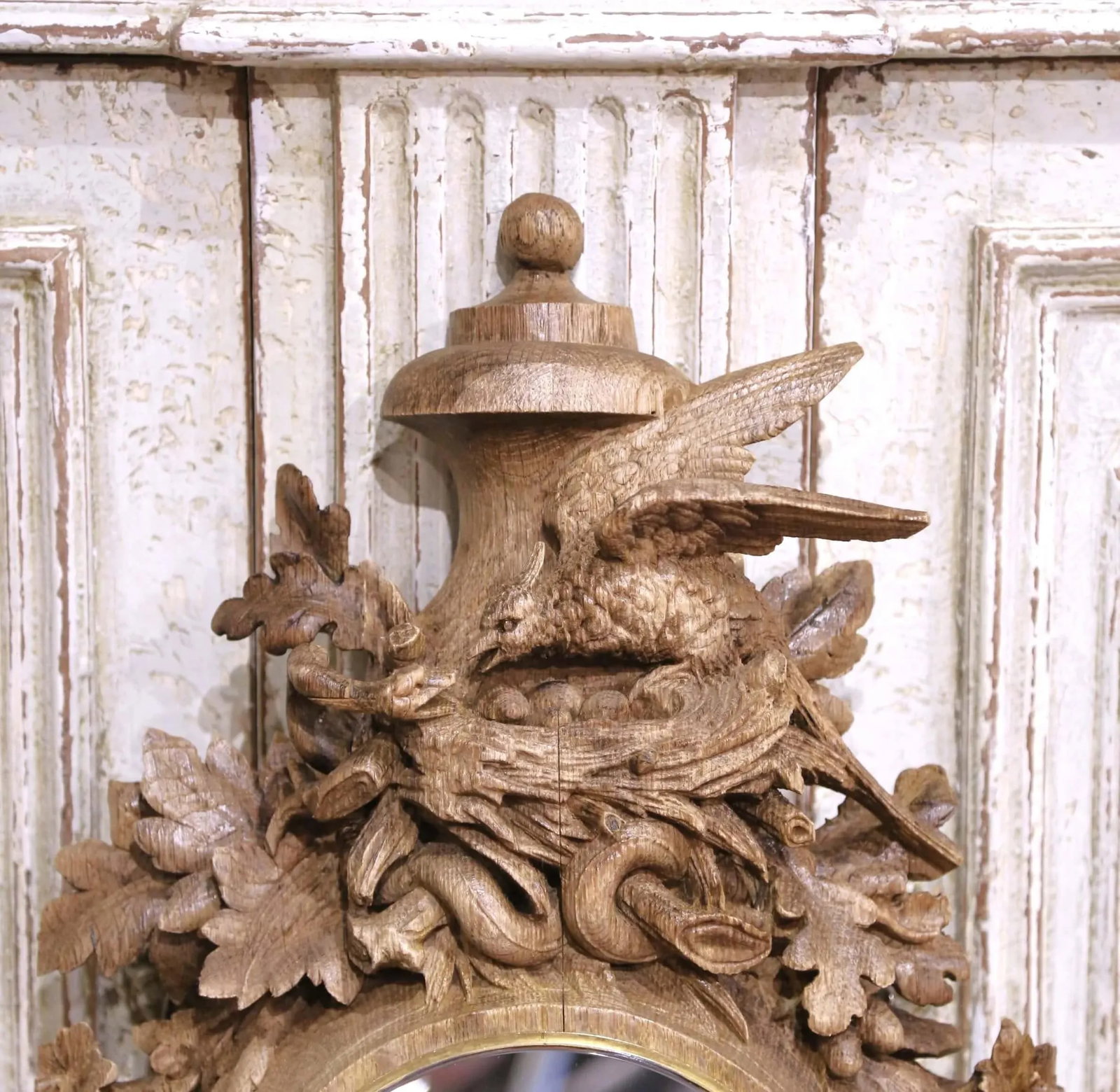 19th Century French Black Forest Carved Oak Mirror With Bronze Trim and Bird Motif - 3