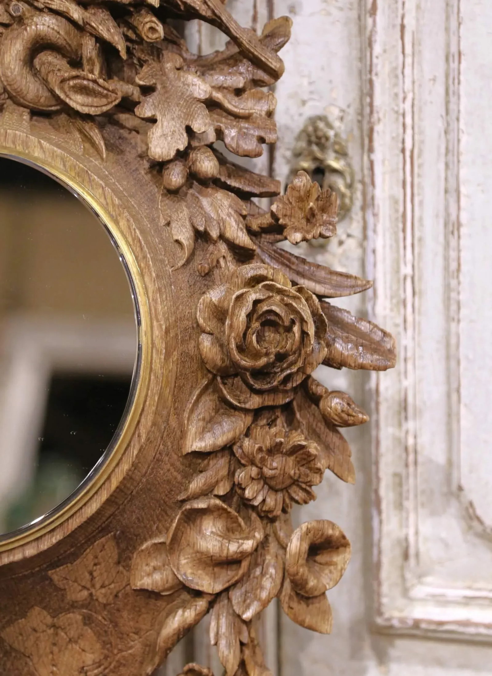 19th Century French Black Forest Carved Oak Mirror With Bronze Trim and Bird Motif - 4