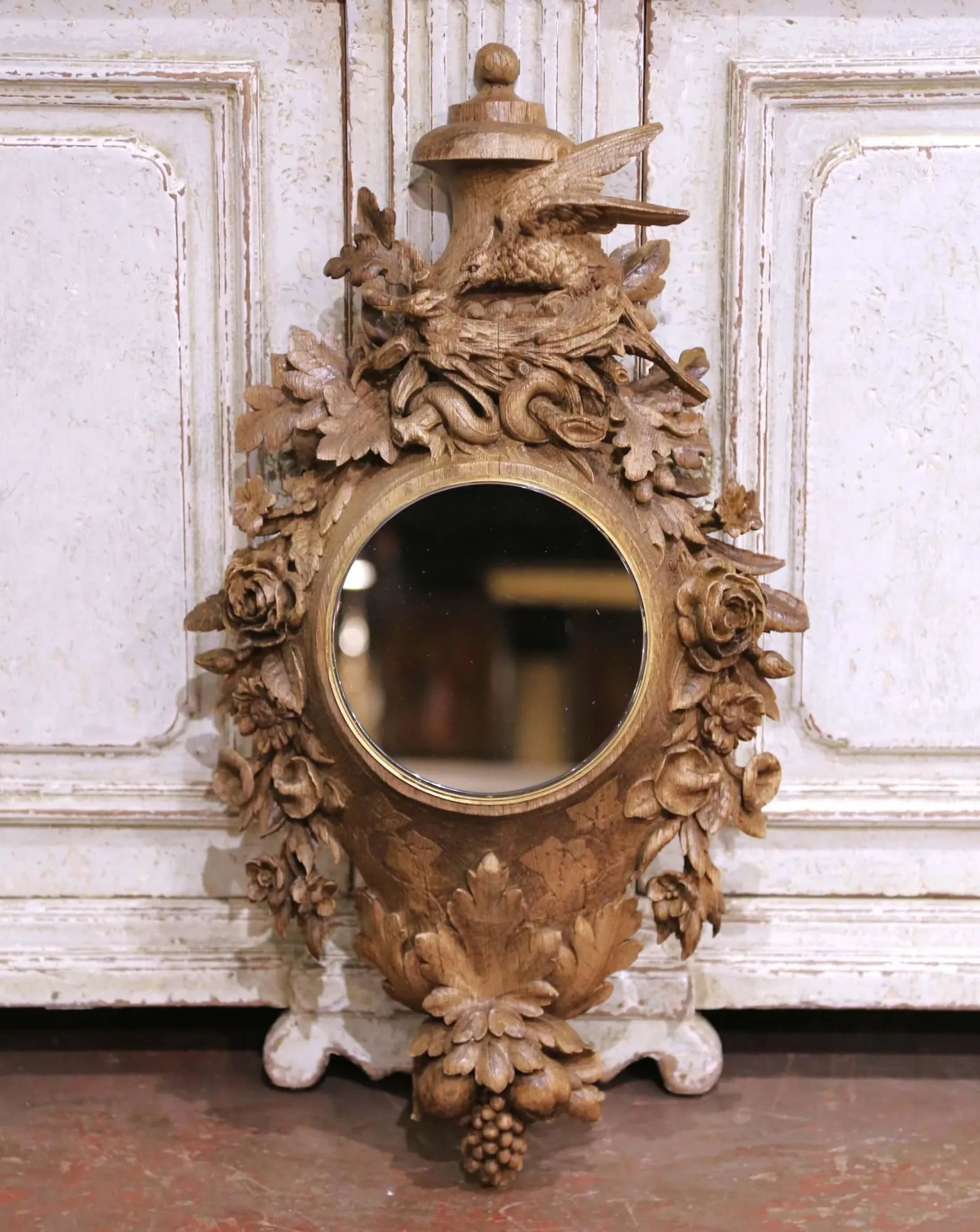 19th Century French Black Forest Carved Oak Mirror With Bronze Trim and Bird Motif - 5