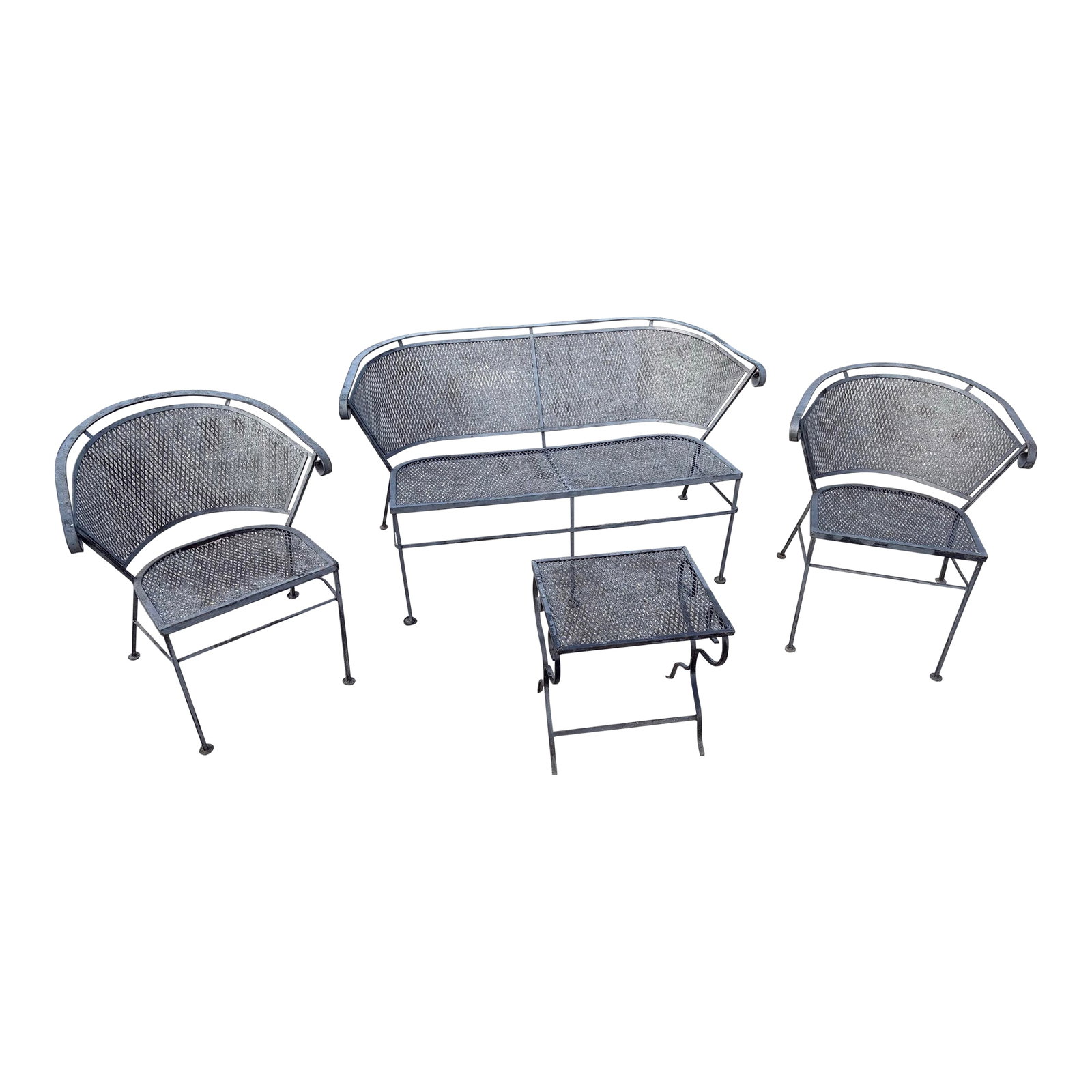 Vintage Wrought Iron Garden and Patio Furniture Four Piece Set Featuring Barrel Back Chairs and Benc: Nice set of vintage wrought iron patio furniture ready for your yard. You get two barrel back chairs, a love seat bench and a small matching end table. Set is unmarked. Bench measures 50" wide by 24" 