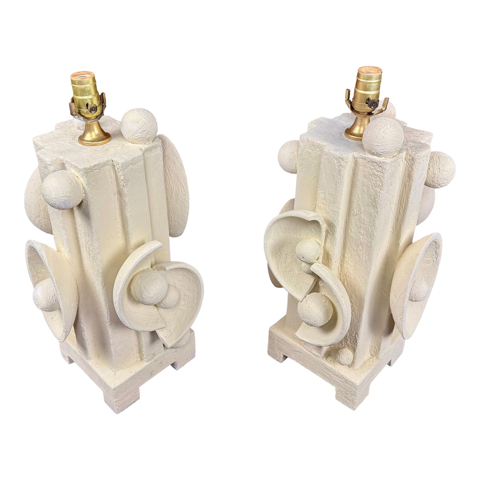 Contemporary 1980s Plaster and Wood Lamps With Abstract Shapes - A Pair: A pair of fabulous plaster and wood lamps with abstract designs and balls! Bold abstract design makes these lamps unique conversation pieces that will complement a large variety of decors! Condition: