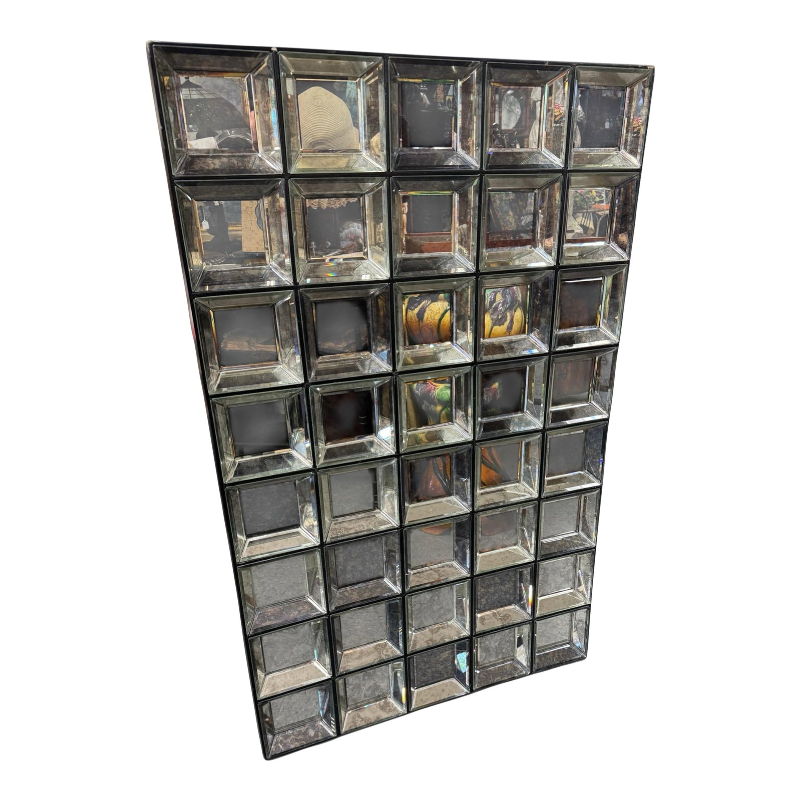 Vintage Retro Deco Multi Square Distressed Wall Hanging Beveled Mirror: Vintage Retro Deco Multi Square Distressed Wall Hanging Beveled Mirror 30" x 47" In good original condition showing some typical age-appropriate wear from normal use. The glass is purposely