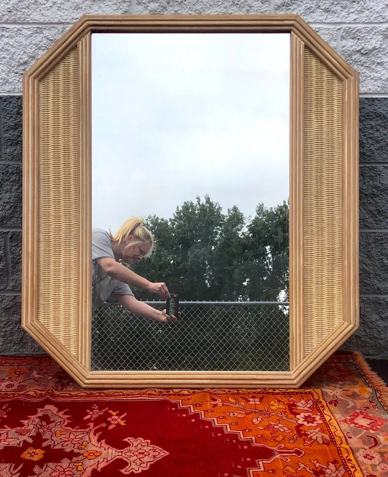 Large Geometric Octagonal Natural Woven Wicker Mirror - 10