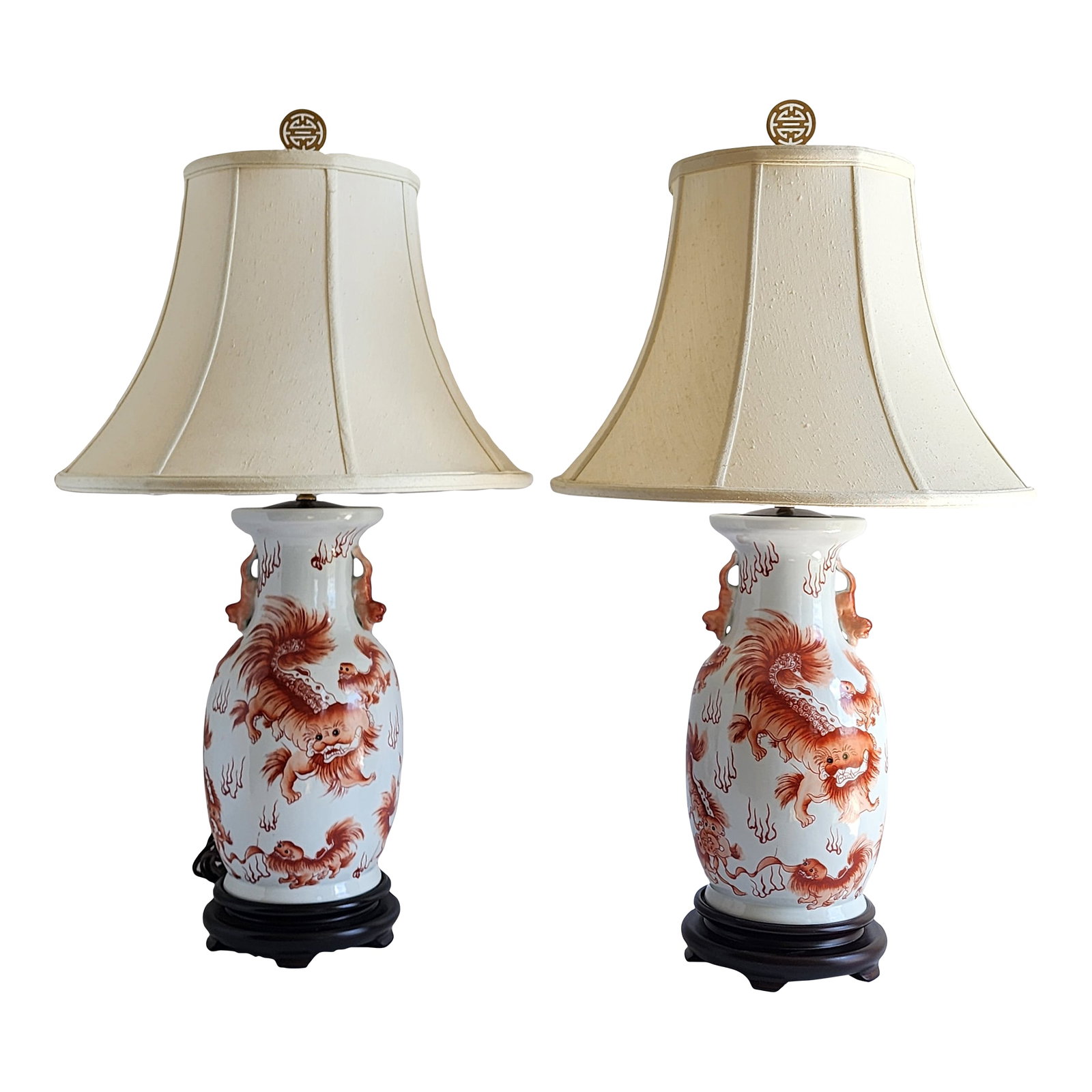 Vintage Mid 20th Century Foo Dog Motif Chinese Porcelain Table Lamps-a Pair (1 of 12)