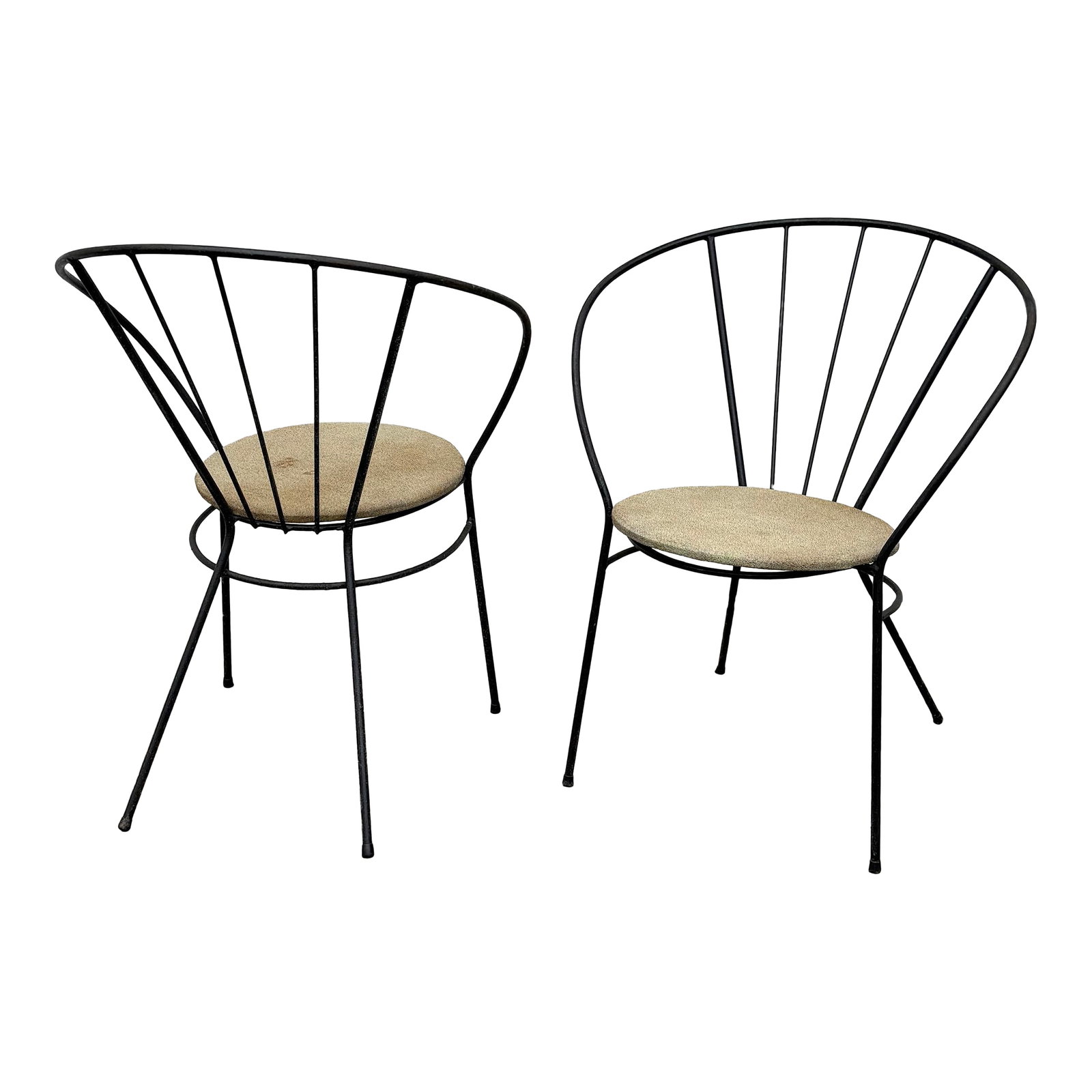 Pair of Mid-Century Modern Wrought-Iron Hoop Chairs: Great pair of Mid-Century Modern wrought-iron hoop chairs. Would be great inside or out. Features the original upholstery - easily replaced. Nice patina to the metal - I think at one time painted gree