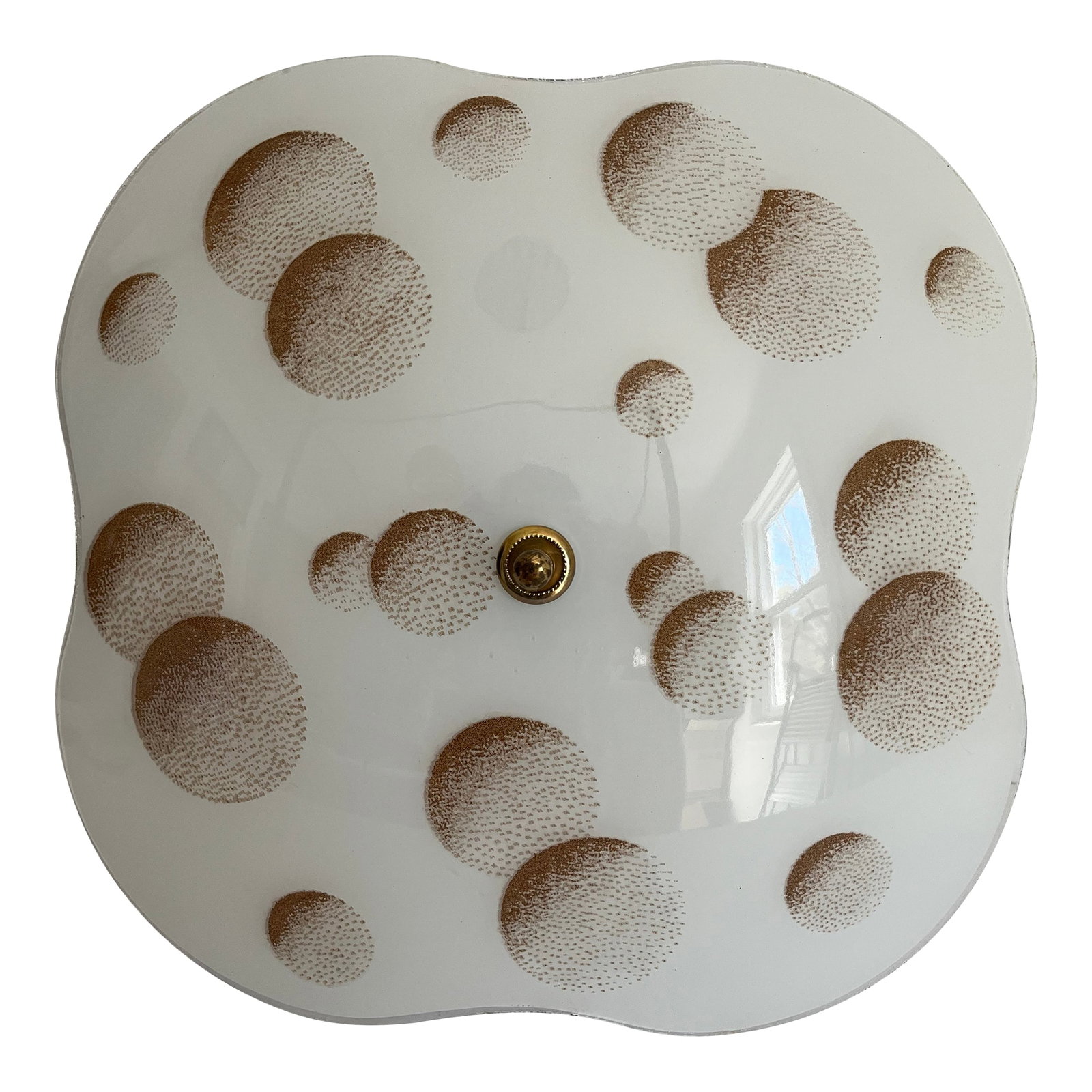 Modern Clover Moons Flush Light: Magical modern frosted glass flush mount light in a chic clover shape accented by raised chocolate brown moons with transparent border and two lights. New wiring and sockets for standard bulbs. Comes 
