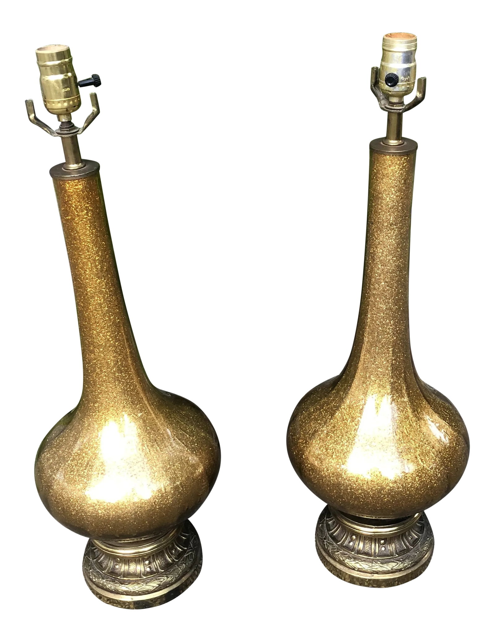 Hollywood Regency Gold Speckled Glass Table Lamps - a Pair: Mottled gold encased speckled glass make these tall Hollywood Regency table lamps the perfect accent pieces for your retro decor. One has been rewired although not recently. Just waiting for the