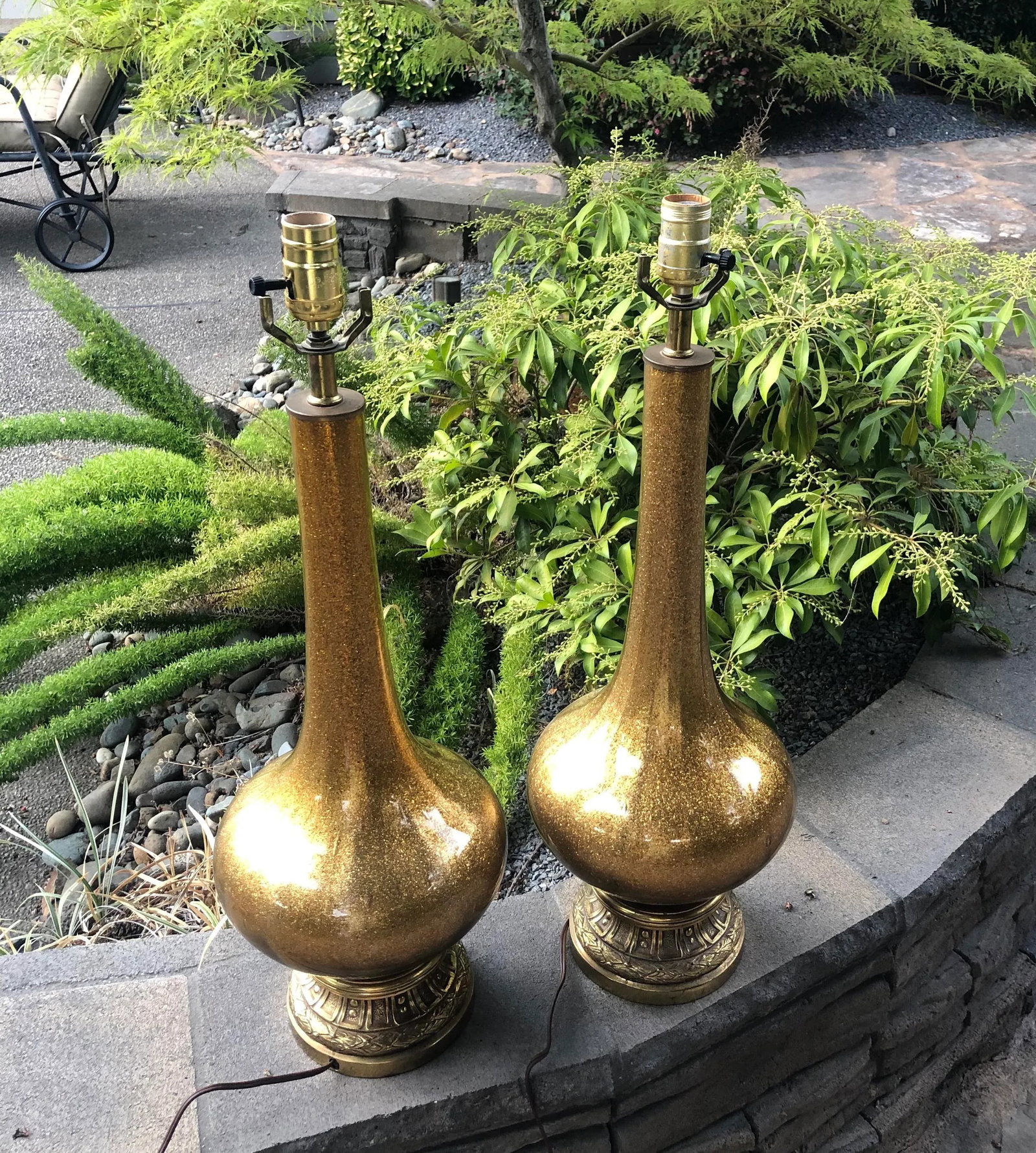 Hollywood Regency Gold Speckled Glass Table Lamps - a Pair - 3