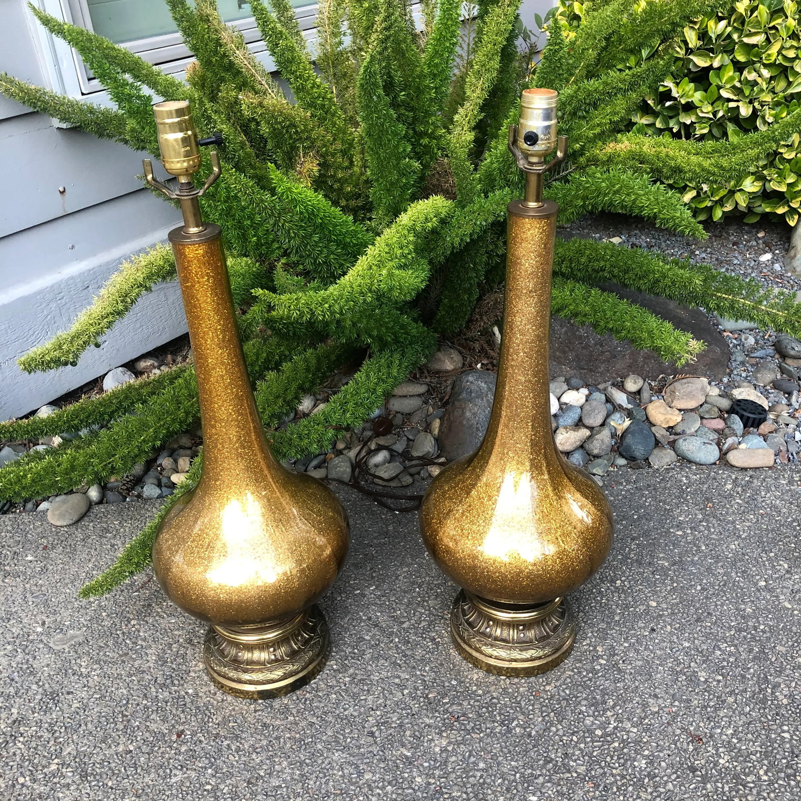 Hollywood Regency Gold Speckled Glass Table Lamps - a Pair - 6