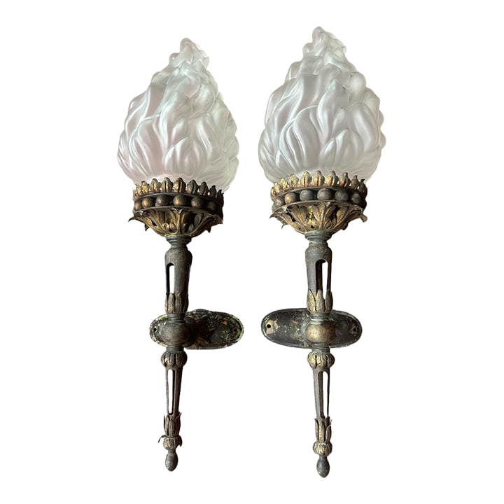 Antique French Torchere Sconce Pair: PAIR 19th Century Bronze French Ormolu Sconces Stately pair of antique wall sconces. Soft black color with gold beading and details. Glorious NEW Vianne Brand, France hand blown satin glass torchere