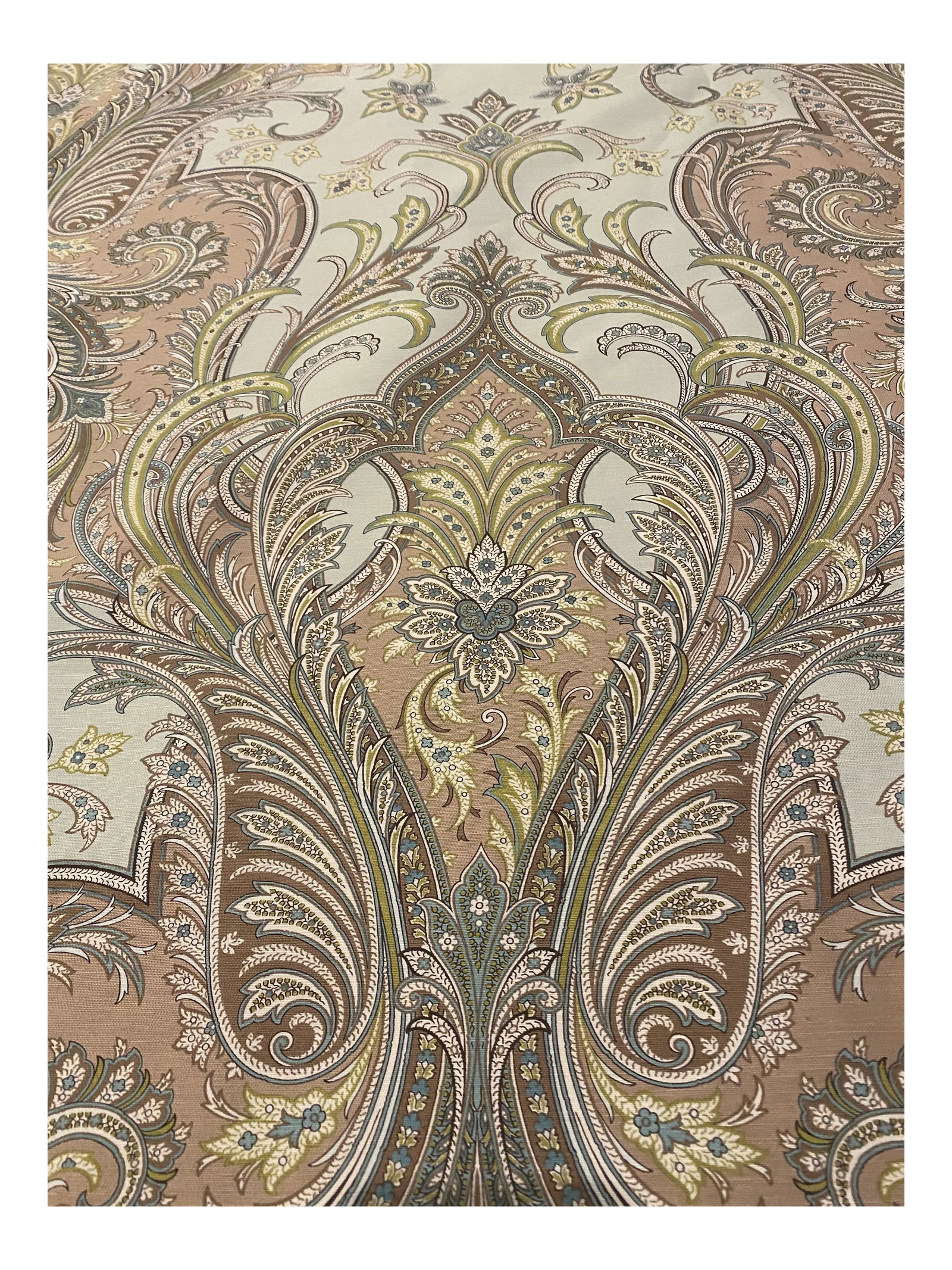 Brunchwig & Fils Balvenie Paisley Fabric in Aqua & Taupe - 6+ Yards: Brunchwig & Fils' classic vintage paisley print "Balvenie Paisley" in fresh updated aqua & taupe. This vintage print is no longer available. The fabric is 53.5" wide and is a 58% linen / % cotton