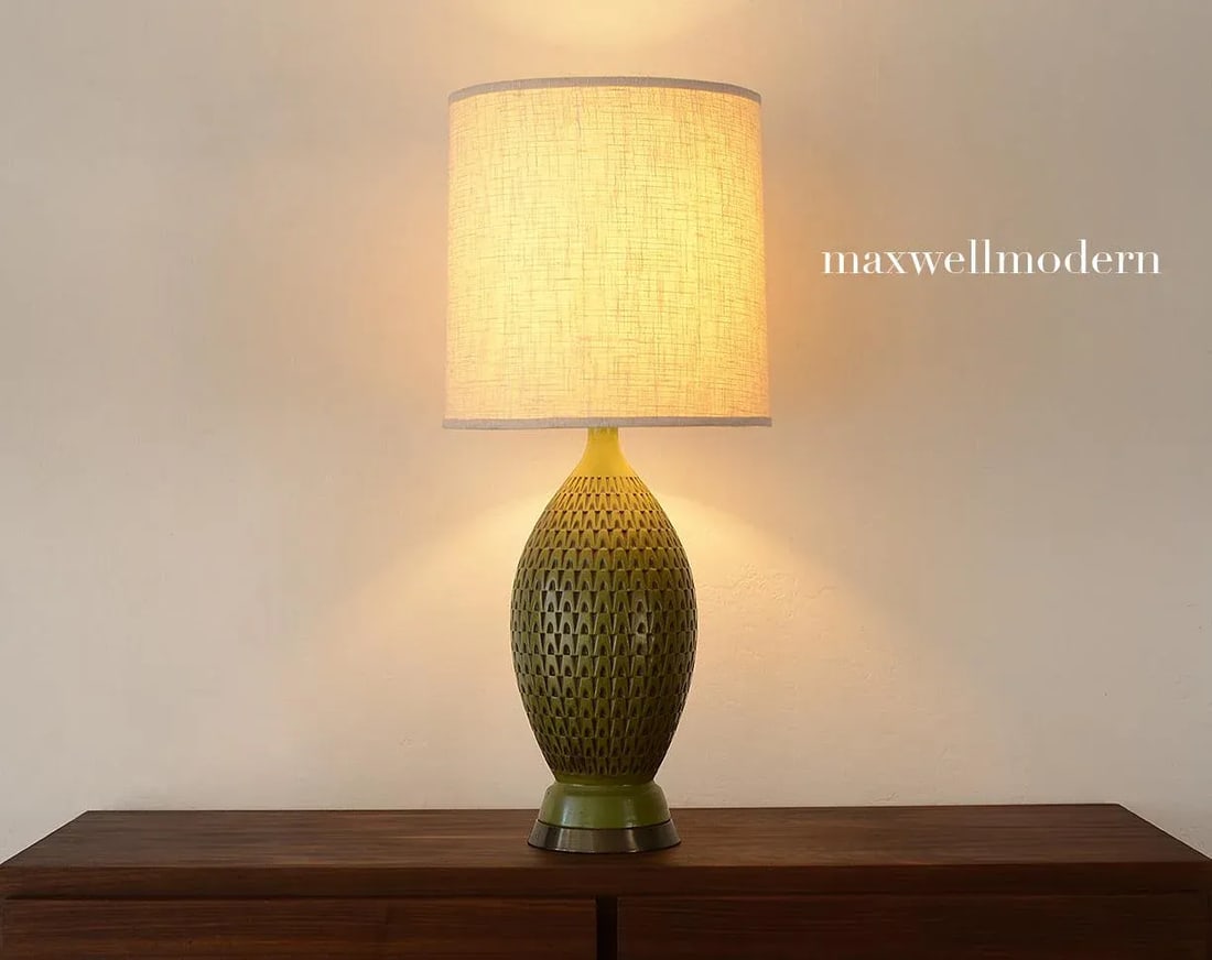 Mid-Century Green Abstract Pattern Molded Metal Table Lamp - 8