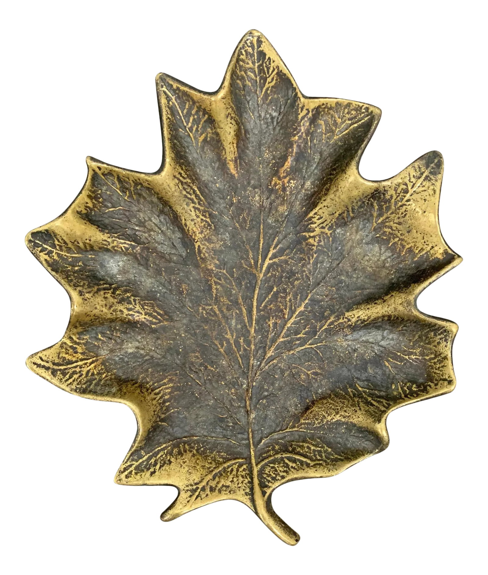 Bronze Maple Leaf Dish: A wonderful vintage bronze life-size maple leaf dish with a fantastic patina. Perfect for catching your keys, pocket change, or any vices you may have. Condition: Alterations: Original Condition