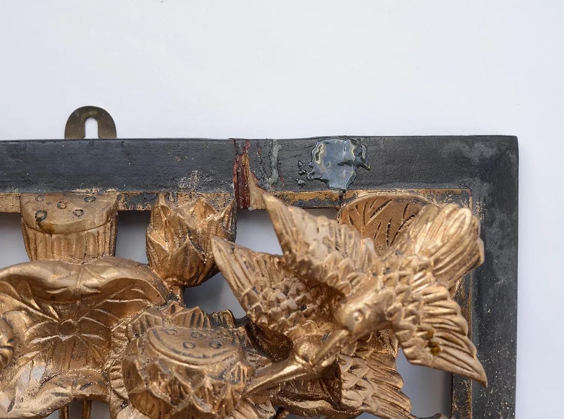 Vintage Chinese Gilded Hand-Carved Wood Relief Panel of Birds and Flowers - 10