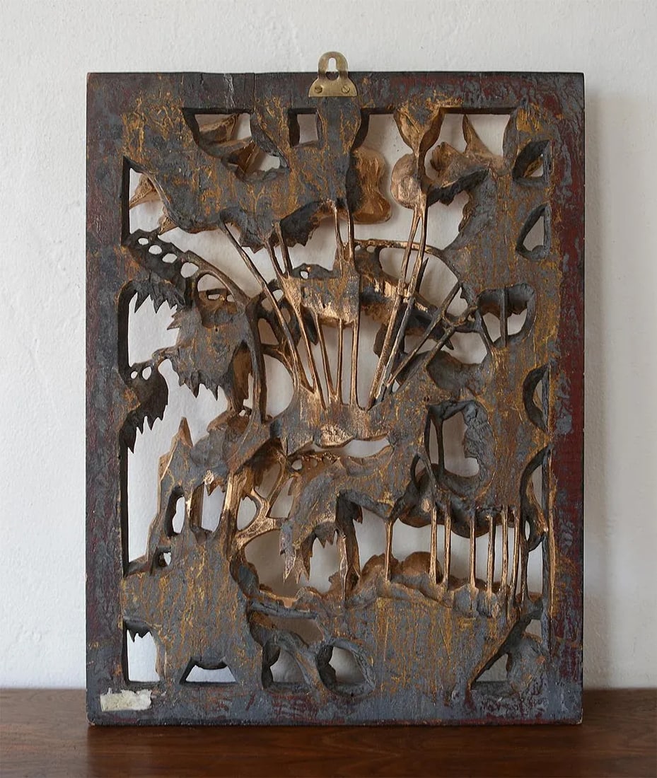 Vintage Chinese Gilded Hand-Carved Wood Relief Panel of Birds and Flowers - 11