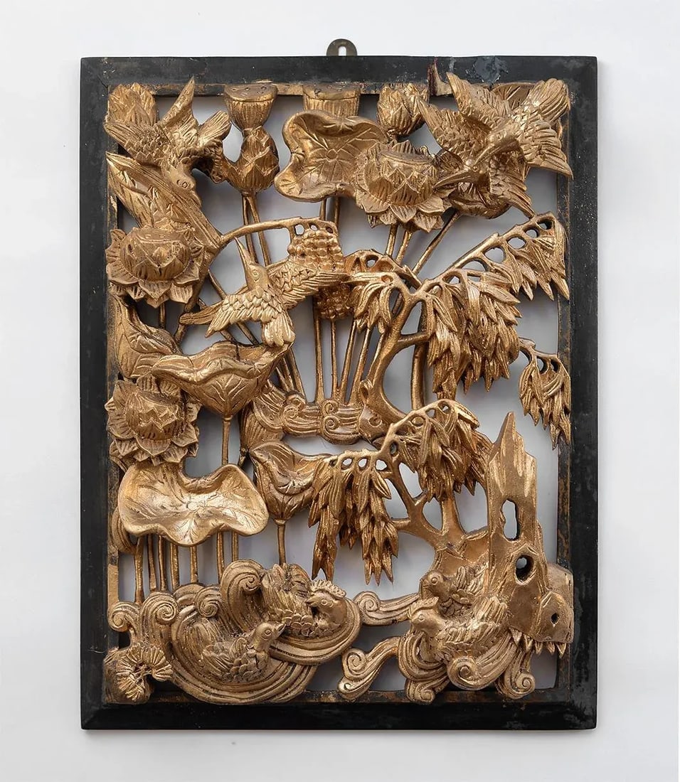 Vintage Chinese Gilded Hand-Carved Wood Relief Panel of Birds and Flowers - 12