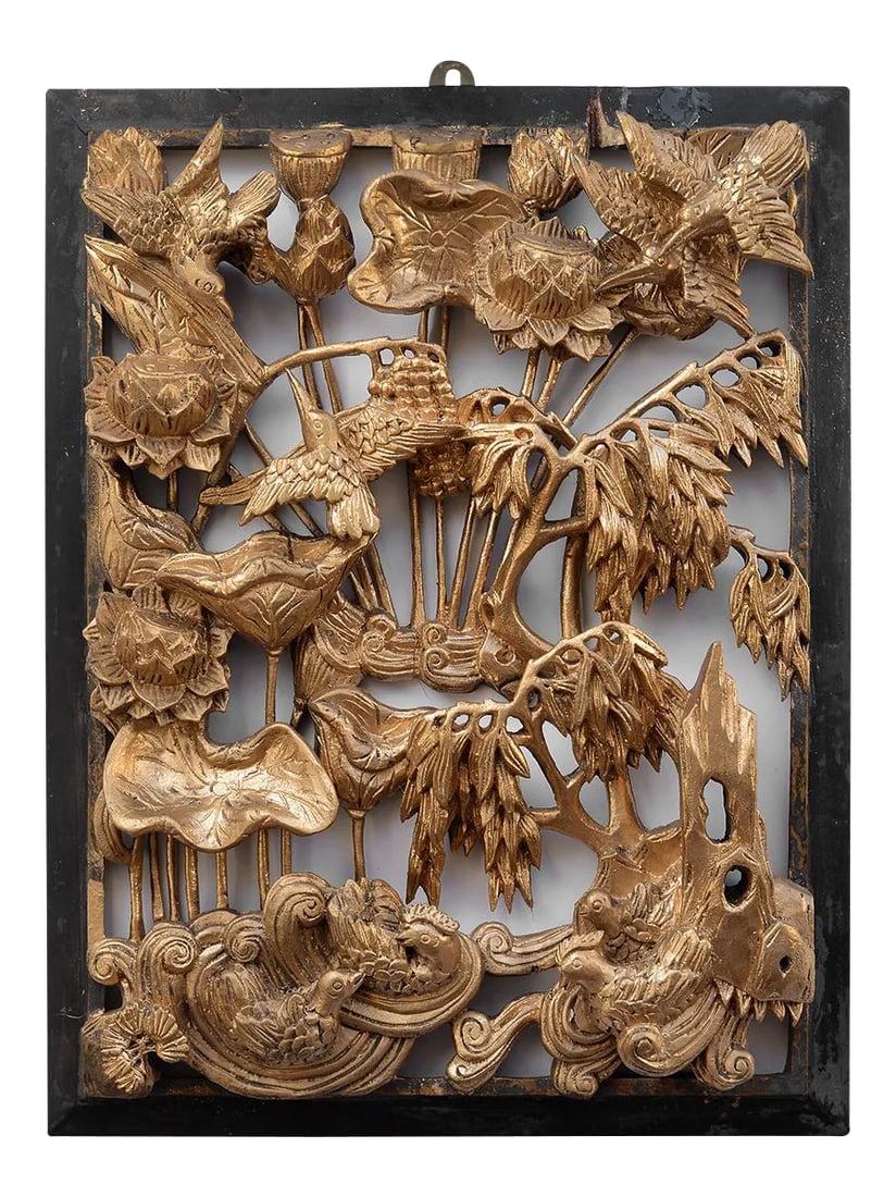 Vintage Chinese Gilded Hand-Carved Wood Relief Panel of Birds and Flowers: Absolutely stunning vintage Chinese gilded wood carving relief panel depicting a nature scene with birds in a lotus garden. Unlike most other Chinese gilded wood carving reliefs which tend to depict h