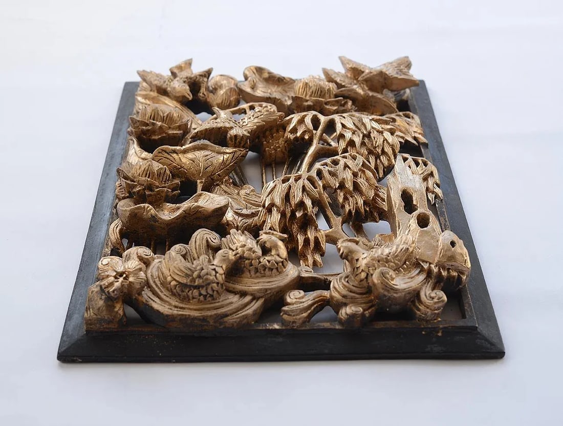 Vintage Chinese Gilded Hand-Carved Wood Relief Panel of Birds and Flowers - 3