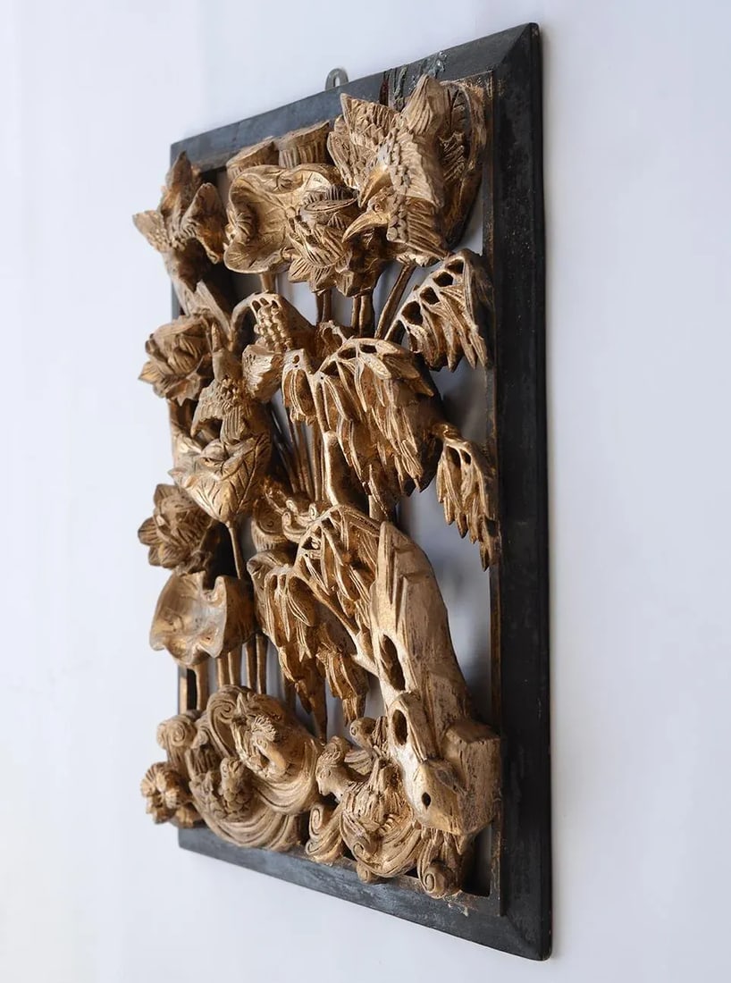 Vintage Chinese Gilded Hand-Carved Wood Relief Panel of Birds and Flowers - 4