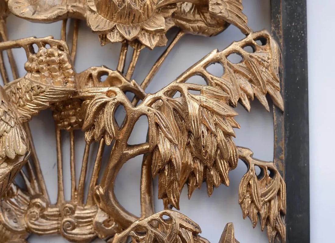 Vintage Chinese Gilded Hand-Carved Wood Relief Panel of Birds and Flowers - 5