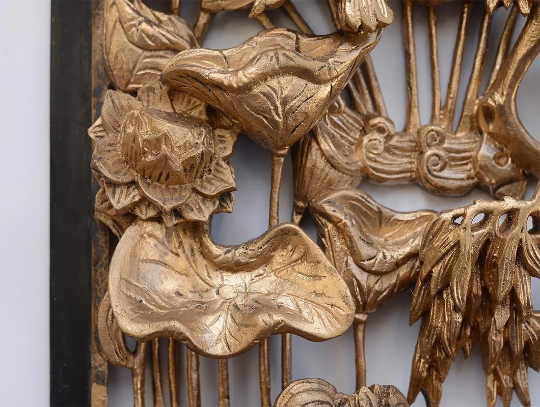Vintage Chinese Gilded Hand-Carved Wood Relief Panel of Birds and Flowers - 6