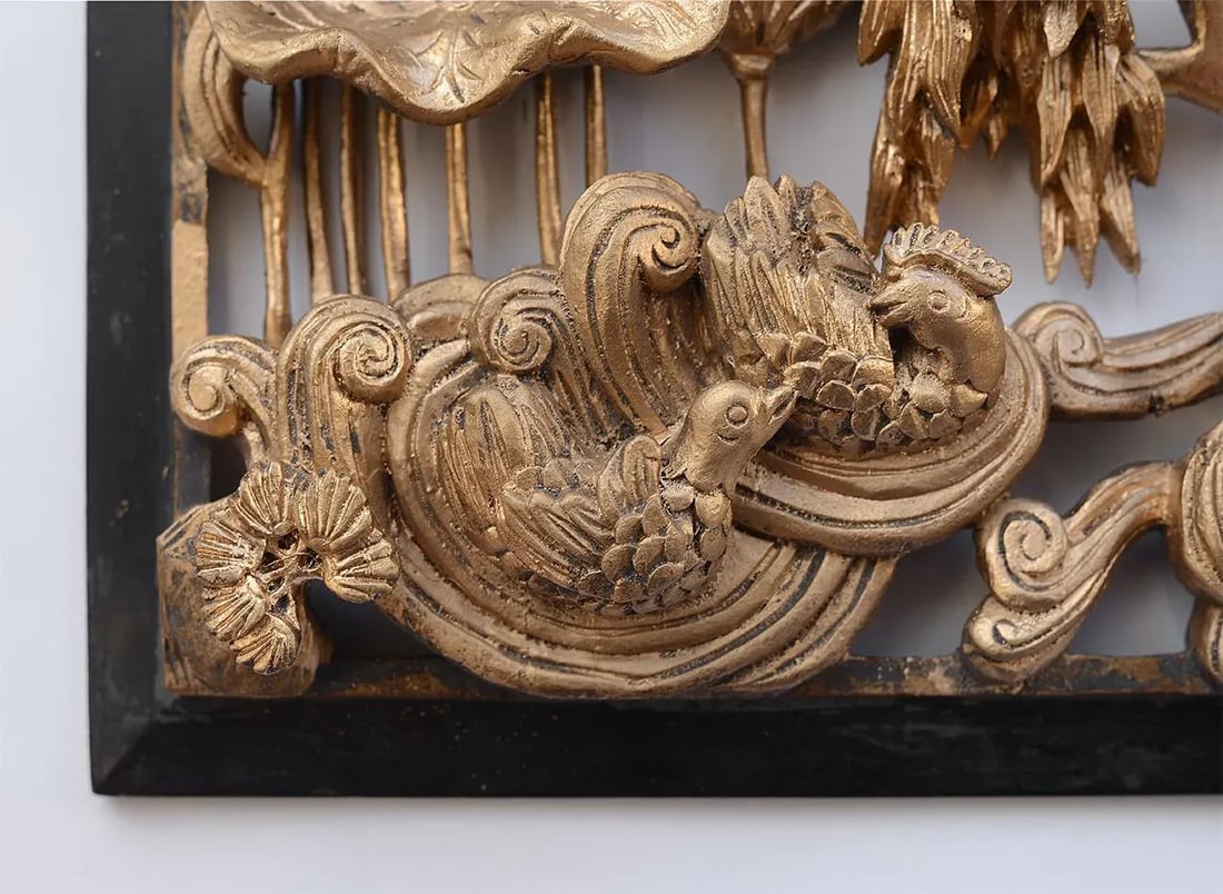 Vintage Chinese Gilded Hand-Carved Wood Relief Panel of Birds and Flowers - 8