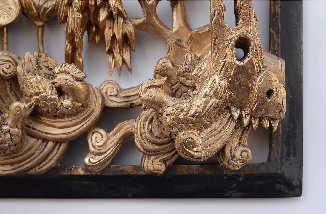 Vintage Chinese Gilded Hand-Carved Wood Relief Panel of Birds and Flowers - 9