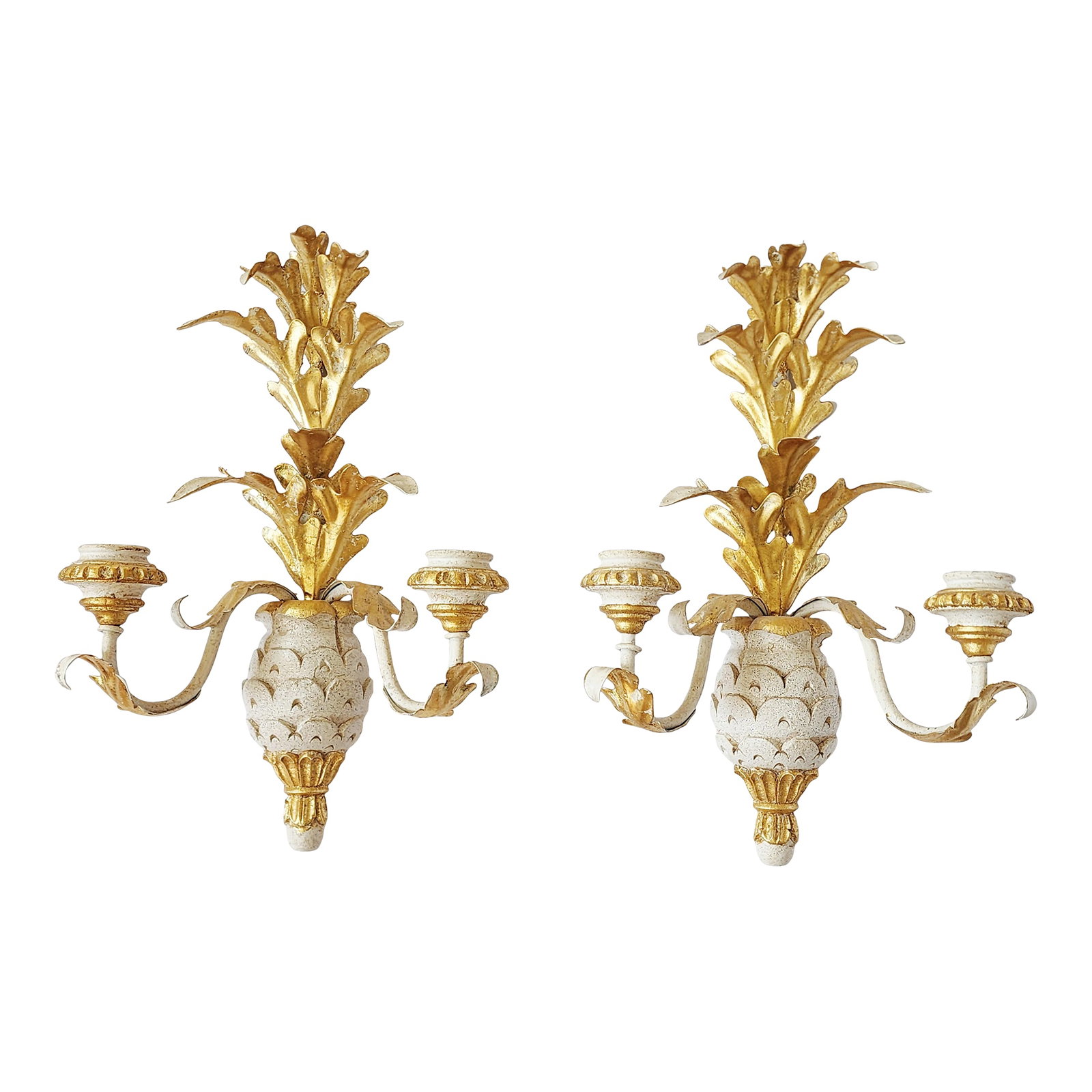 Vintage Italian Giltwood & Tole Pineapple Candle Wall Sconces (1 of 12)